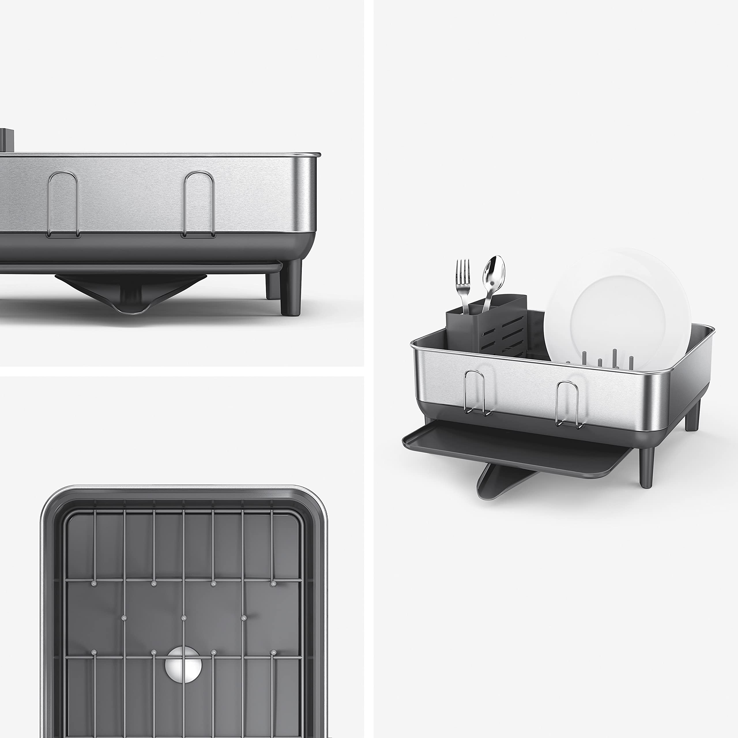Simplehuman Compact Kitchen Dish Drying Rack With Swivel Spout, Fingerprint-Proof Stainless Steel Frame, Grey Plastic