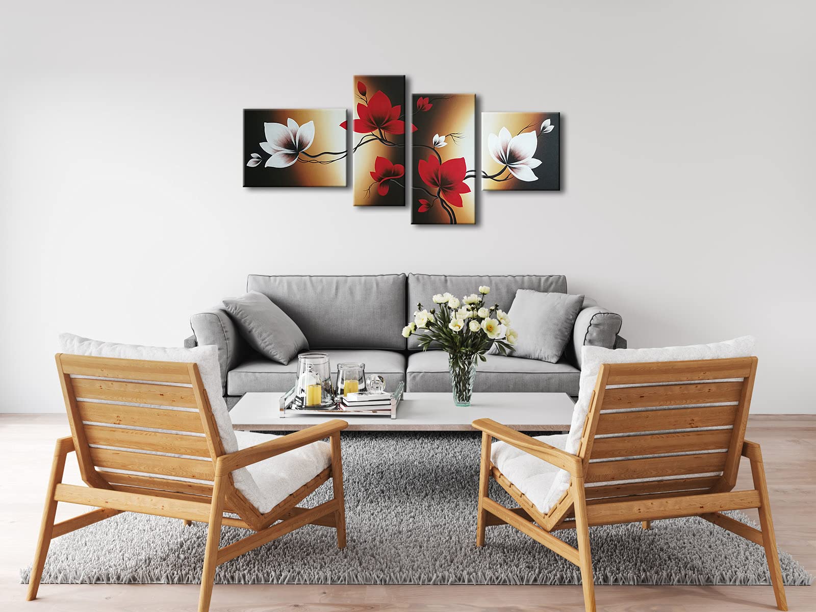 Wieco Art The Back Full Bloom In Spring Red Flowers 100% Hand-Painted 4 Panels Flower Oil Paintings On Canvas Wall Art For Wall