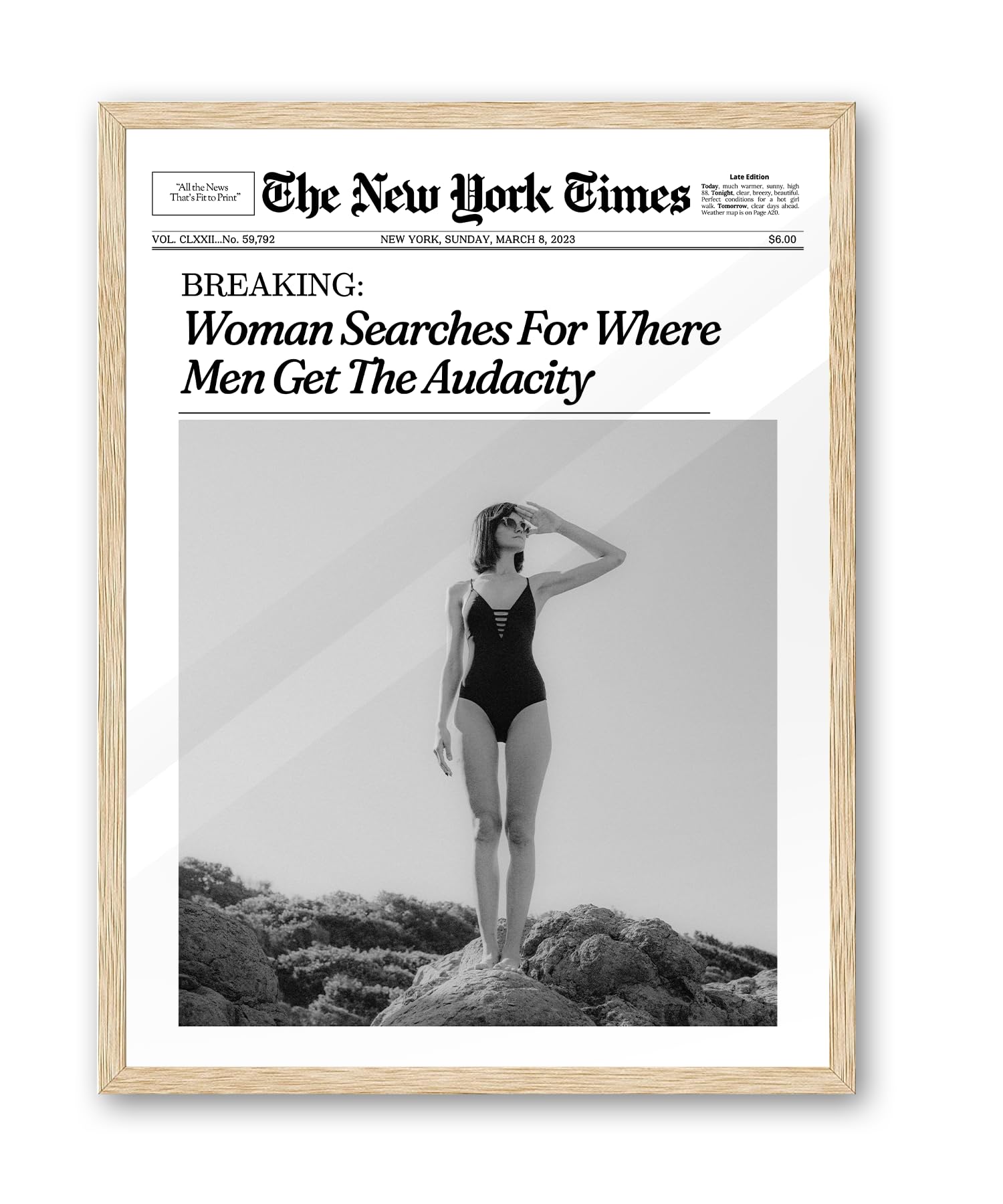 Ihery Small Framed Trendy Newspaper Wall Art,8X10In Canvas Wall Art,Beige Oak Wood Frame,Retro Vintage New York Magazine Headlin