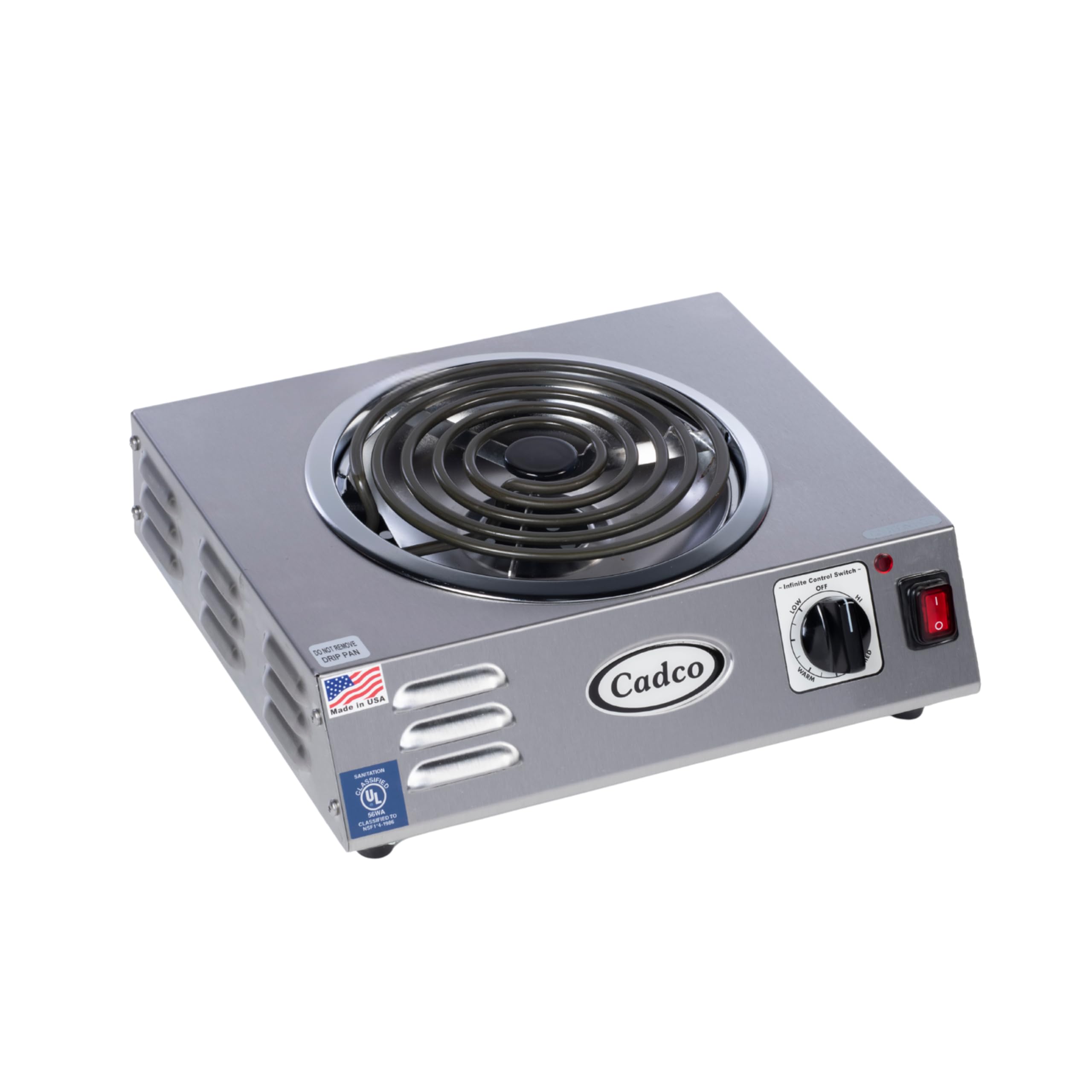 Cadco CSR-3T 14 Electric Portable Countertop Hi-Power Hot Plate with One Tubular Burner, Stainless Steel, 220 Volts