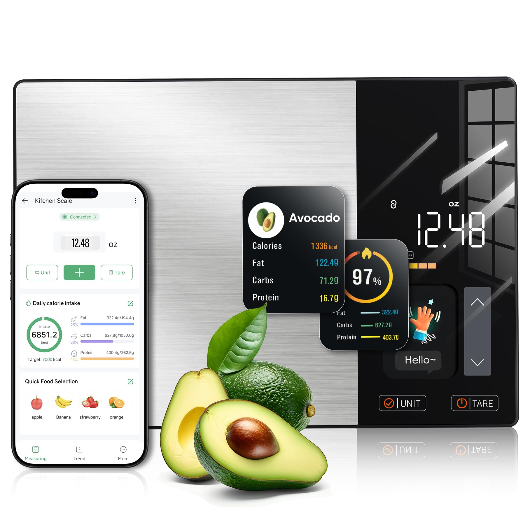 KUAIVO Smart Nutrition Food Scale with TFT Display, Tracks Calories, Fat, Carbs & Protein, Works with App for Daily Reports, 50 