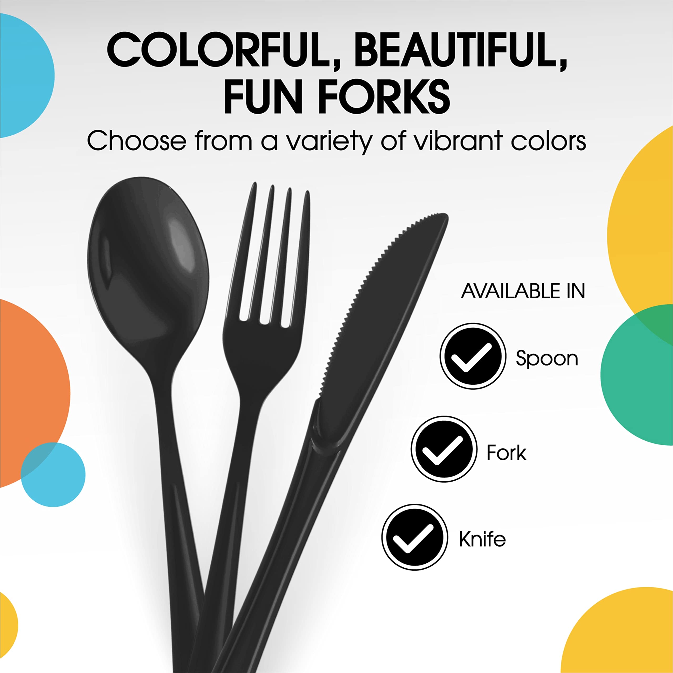 Exquisite Solid Color Premium Plastic Cutlery, Heavy Duty Plastic Disposable Forks - 50 Count - Black