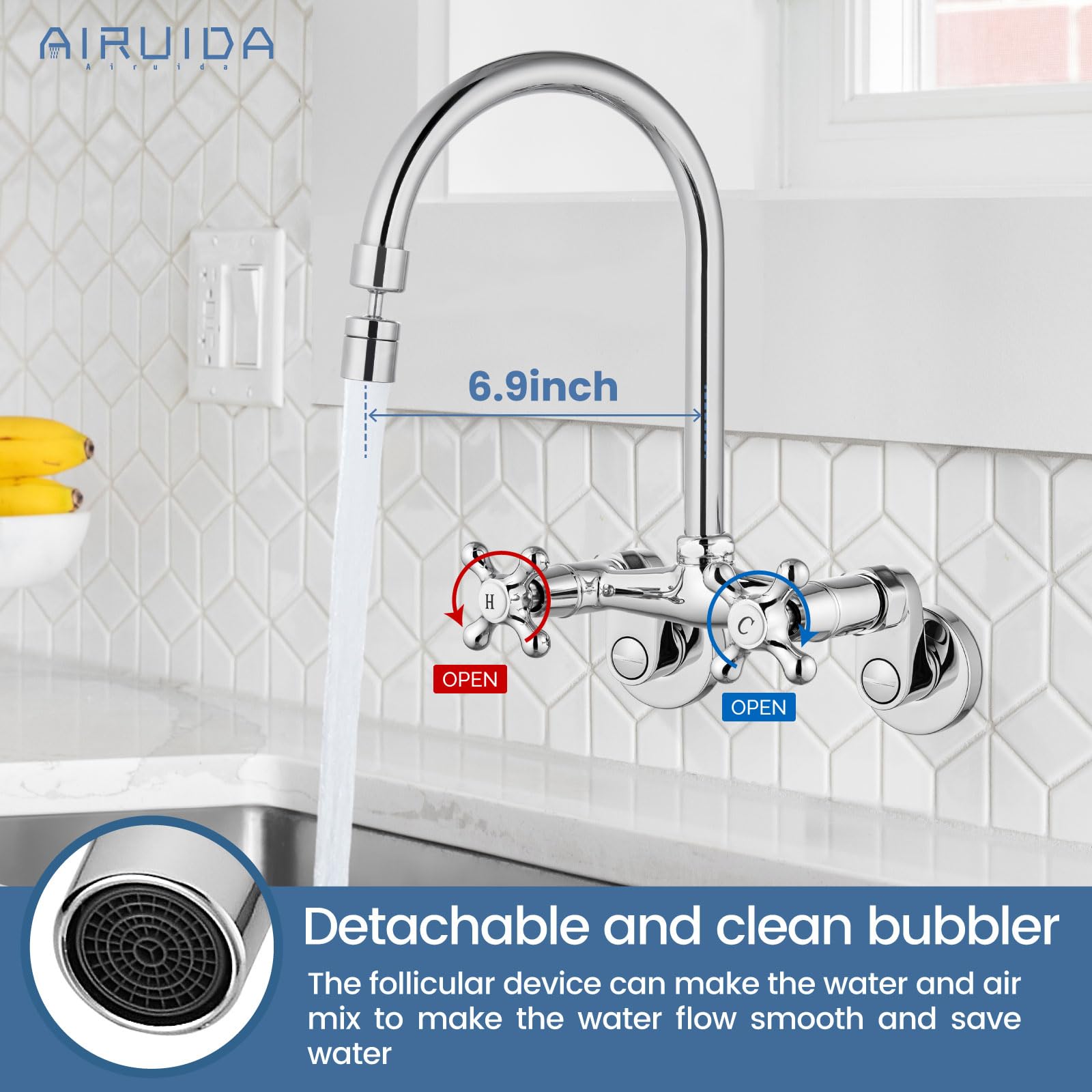 Airuida Chrome Polish Wall Mount Kitchen Sink Faucet 6 Inch Center Wall Mounted Kitchen Faucet Double Handles 360 Degree Swivel Spout Restaurant Utility Laundry Commercial Mixer Tap