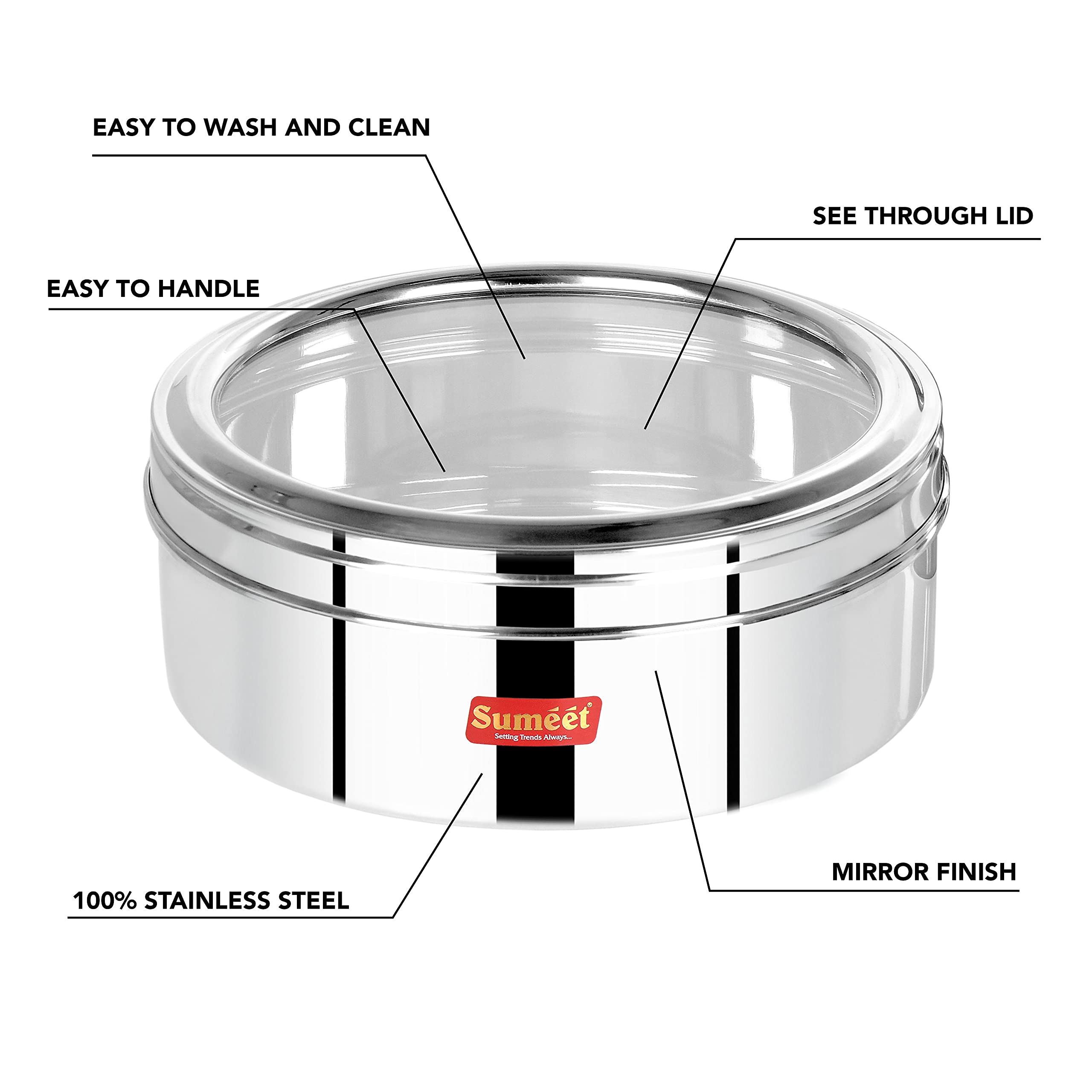 Sumeet Stainless Steel Flat Canisters/Puri Dabba/Storage Containers With See Through Lid Set Of 2Pcs (1Ltr, 1.5Ltr)