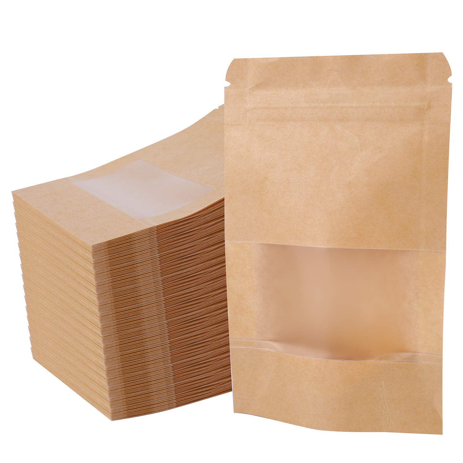 Kingrol 300 Pack 3.5 X 5.5 Inch Mini Kraft Paper Bags With Resealable Lock Seal Zipper &Transparent Window, Stand Up Food Bags