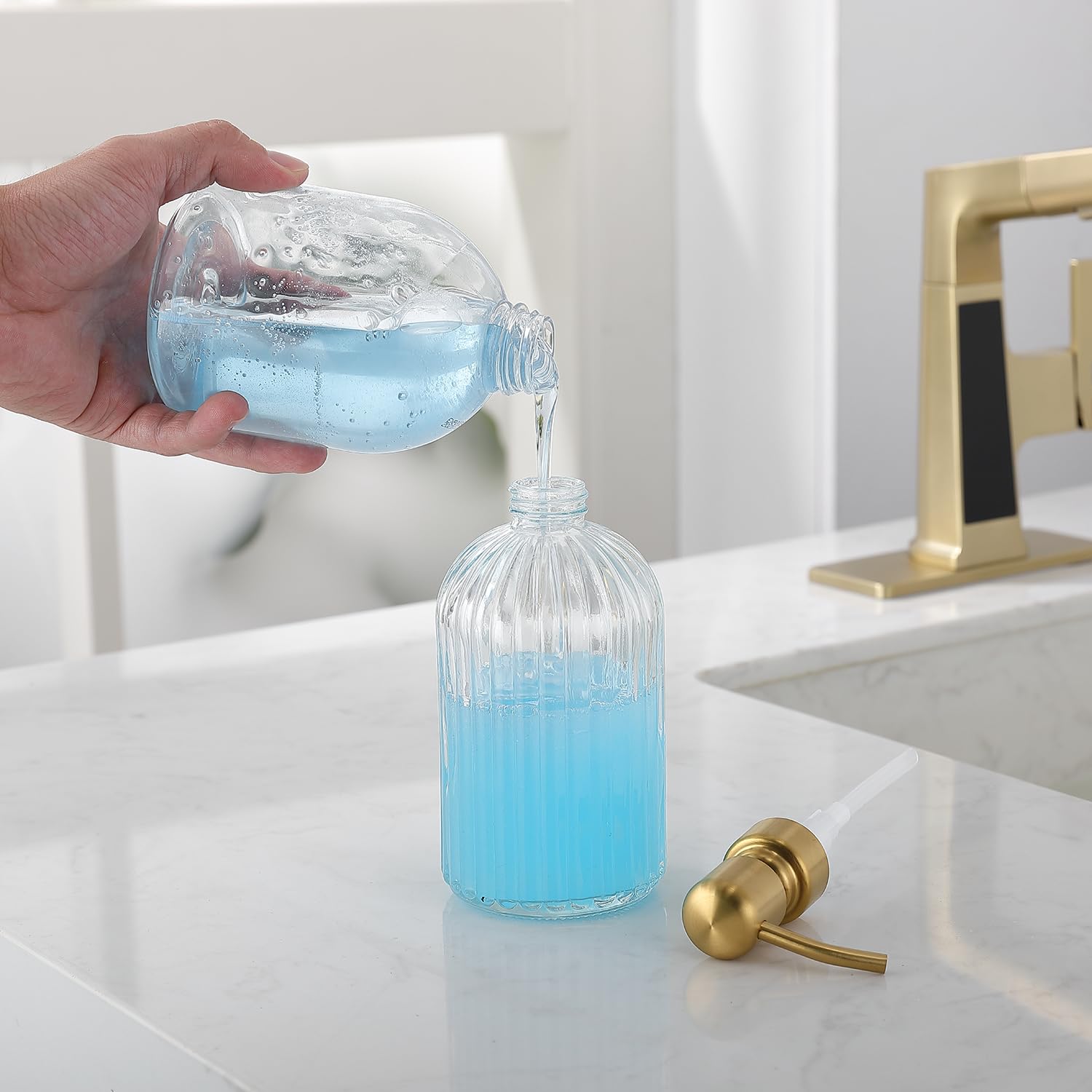 Leetcp Gold Glass Soap Dispenser With Rust Proof Metal Pump,16Oz Vintage Soap Dispenser,Clear Glass Dish Soap Dispenser For Bath