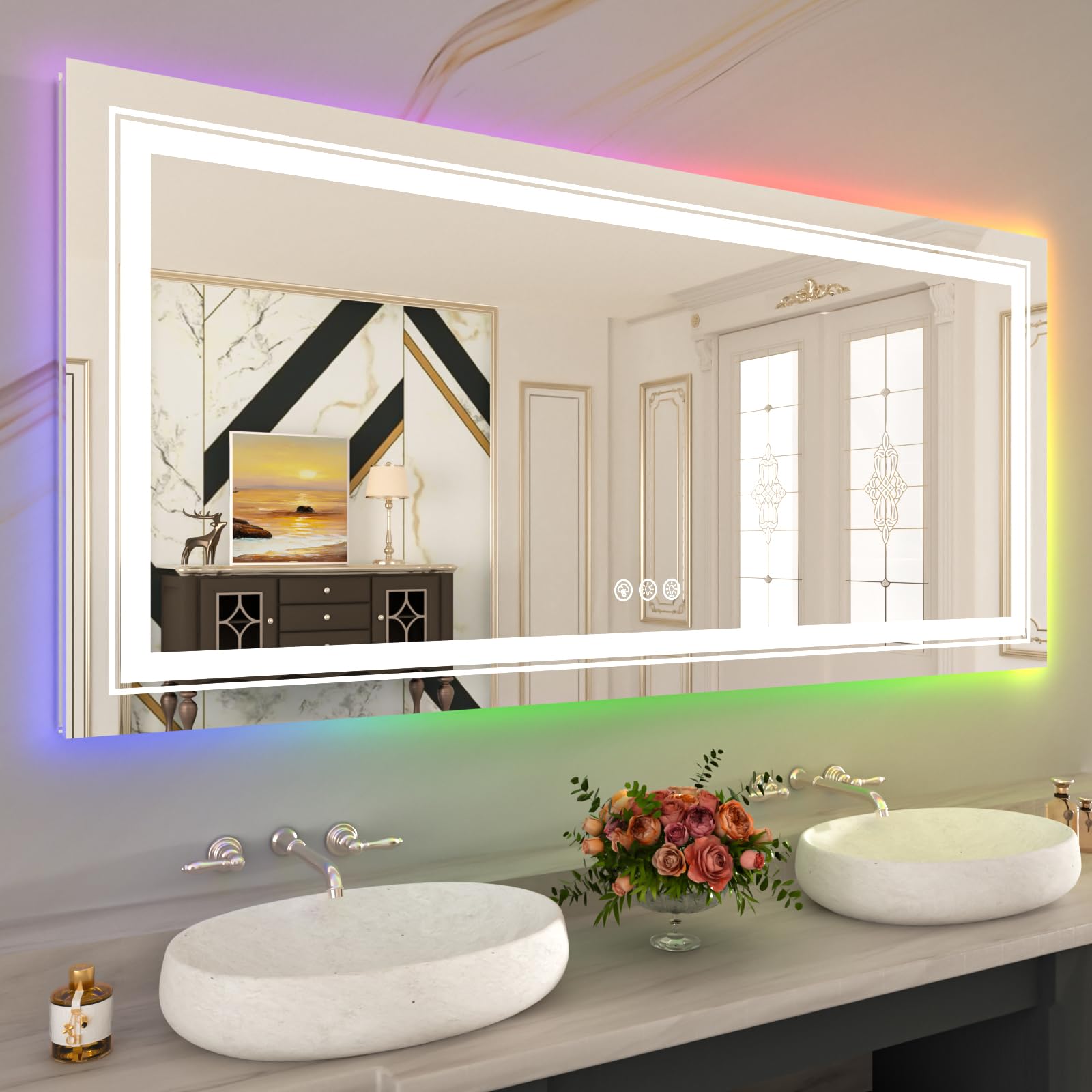 Wtty Led Bathroom Mirror 60''X30'' With Rgb Backlit And Front Light,Stepless Dimmable Led Mirror For Bathroom,Colored Lighted Ba