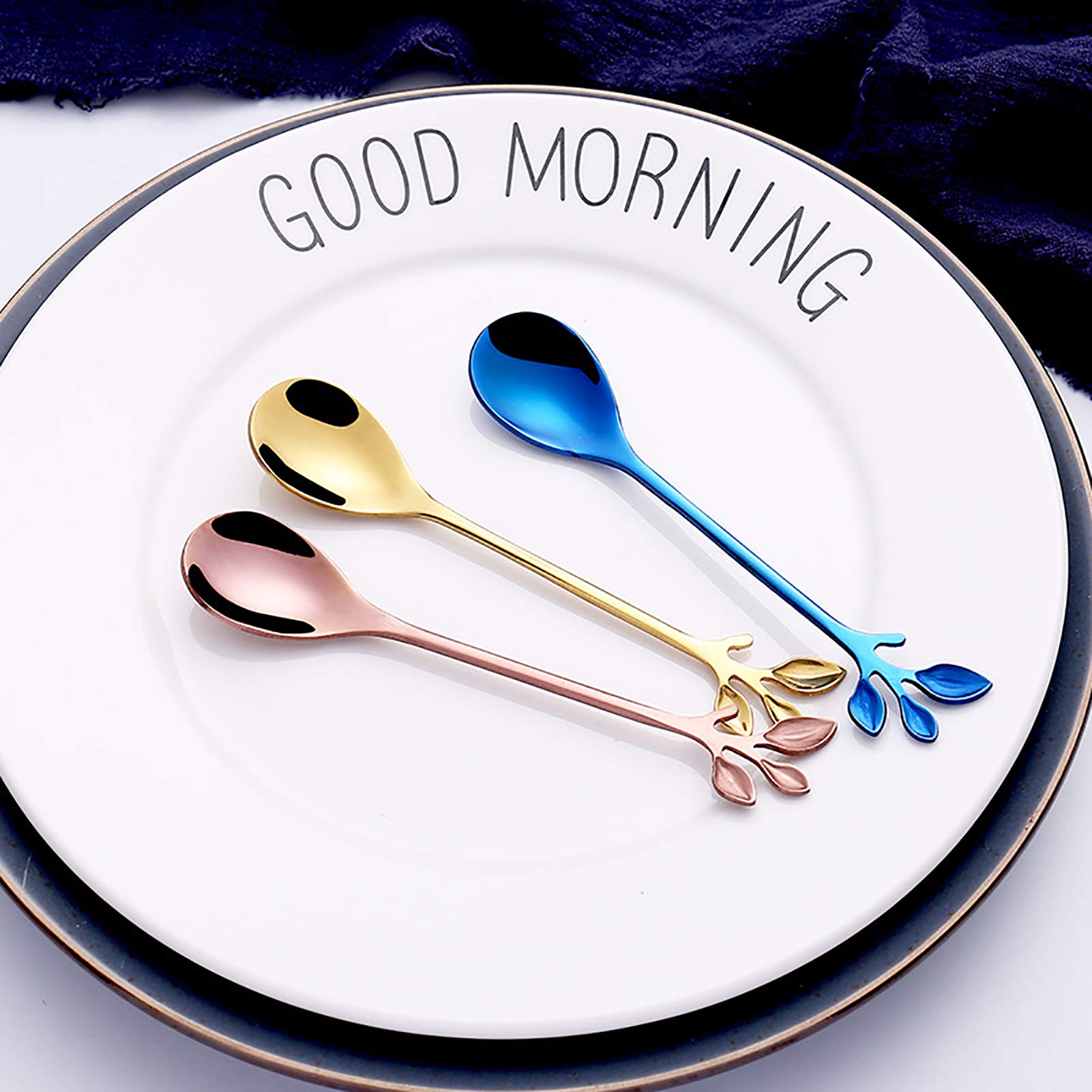 Turbokey Espresso Spoon Blue Leaf Stainless Steel Mini Coffee Spoon Sugar Spoon Ice Cream Tea Stirring Spoon Retro Dessert Spoon