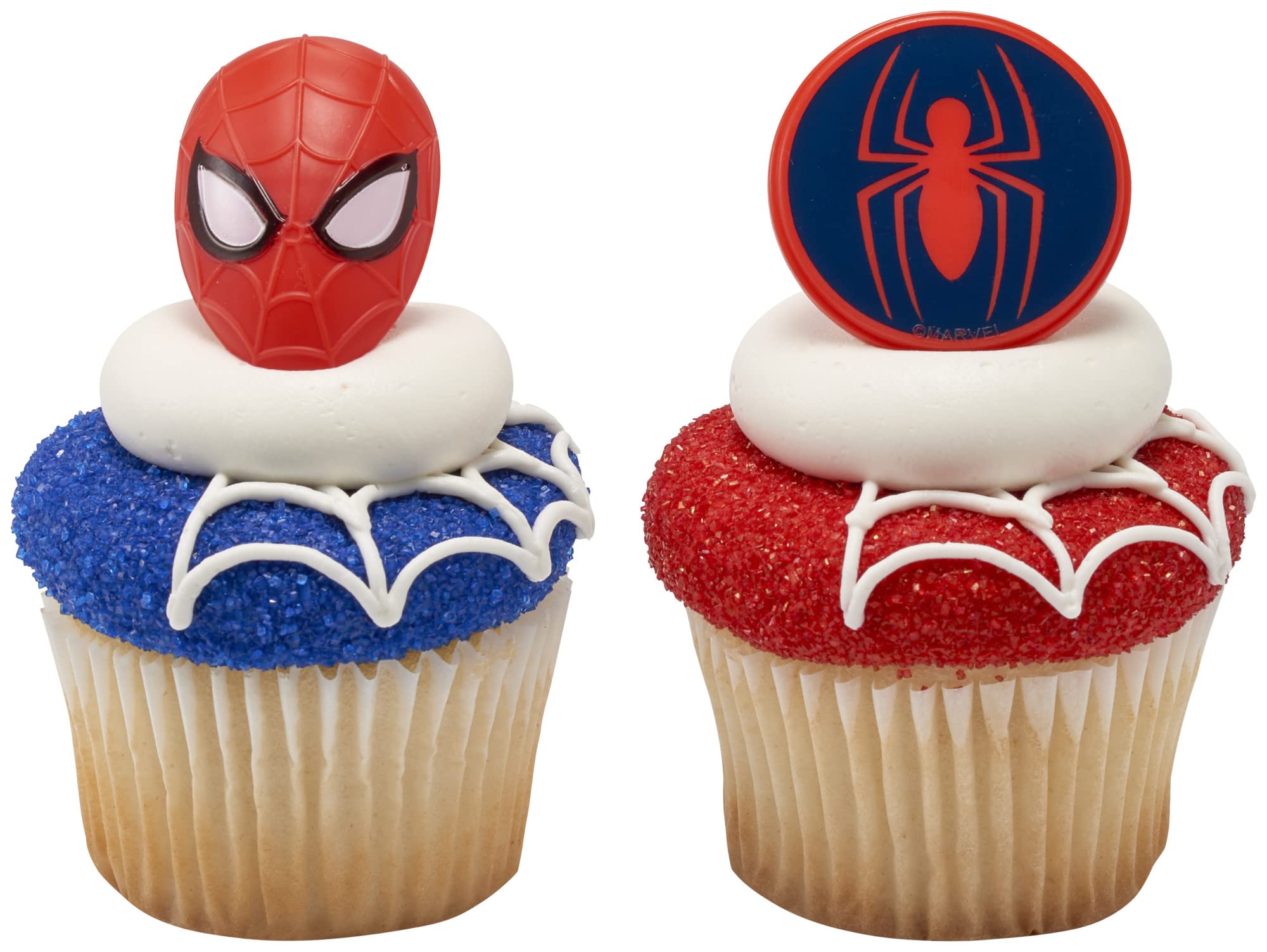 DecoPac Marvel's Spider-Man Spider and Mask Rings  Spider-Man Cupcake Decorations  Red and Blue Food Safe Cake Toppers - 24 Pack
