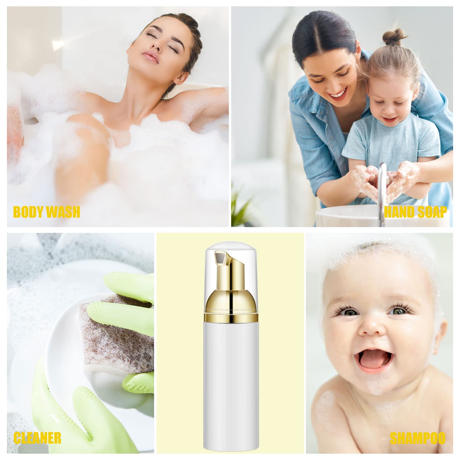 Lil Ray 50Pcs White Foam Bottle With Gold Pump, Empty Travel Foaming Dispensers For Hand Soap,Lash Shampoo(2 Oz)