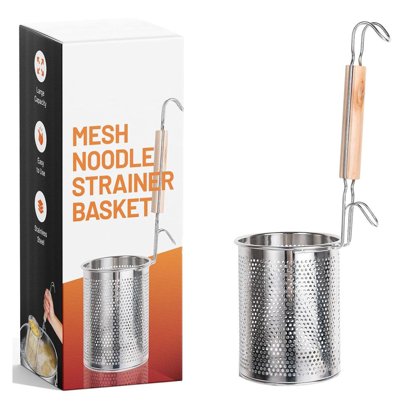 GALV Stainless Steel Pasta Strainer, MicroPerforated Food Dumpling Noodle Strainer with Wood Handle Straining Noodles Pasta Bas