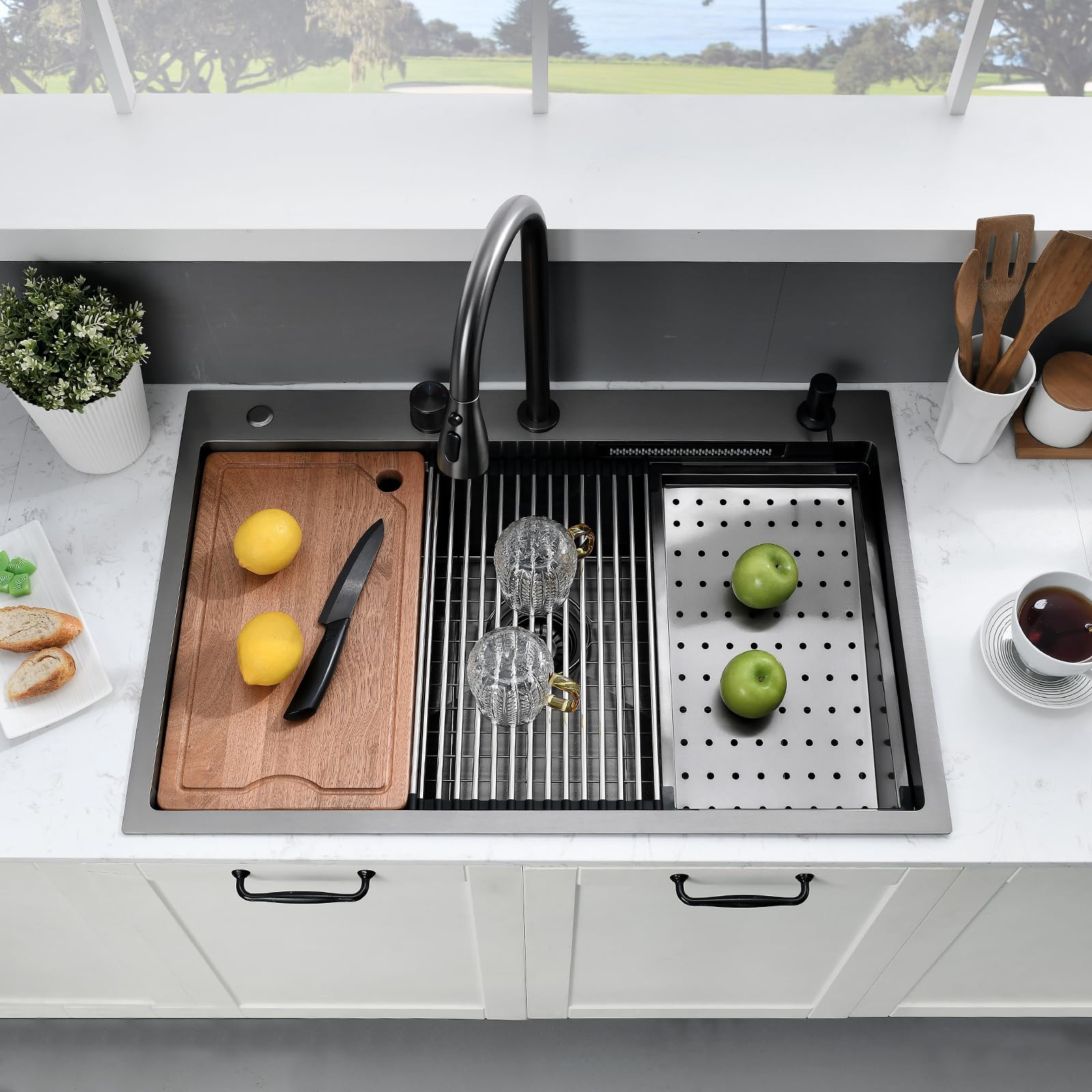 33 Inch Black Drop In Waterfall Kitchen Sink-Somrxo 33 X 22 Kitchen Sink With Waterfall Workstation Sink 16 Gauge Black Stainles