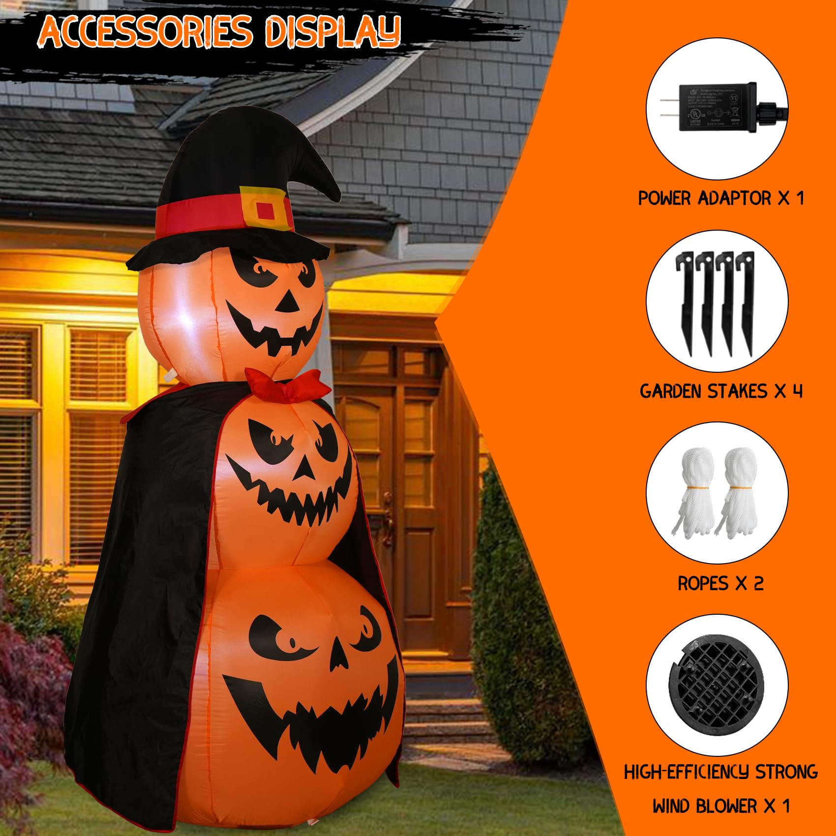 Reclite 6FT Halloween Inflatables Stacked Pumpkins Decor with Witch? Hat Halloween Blow Up 3 Pumpkins Built-in Led Light Pumpkin