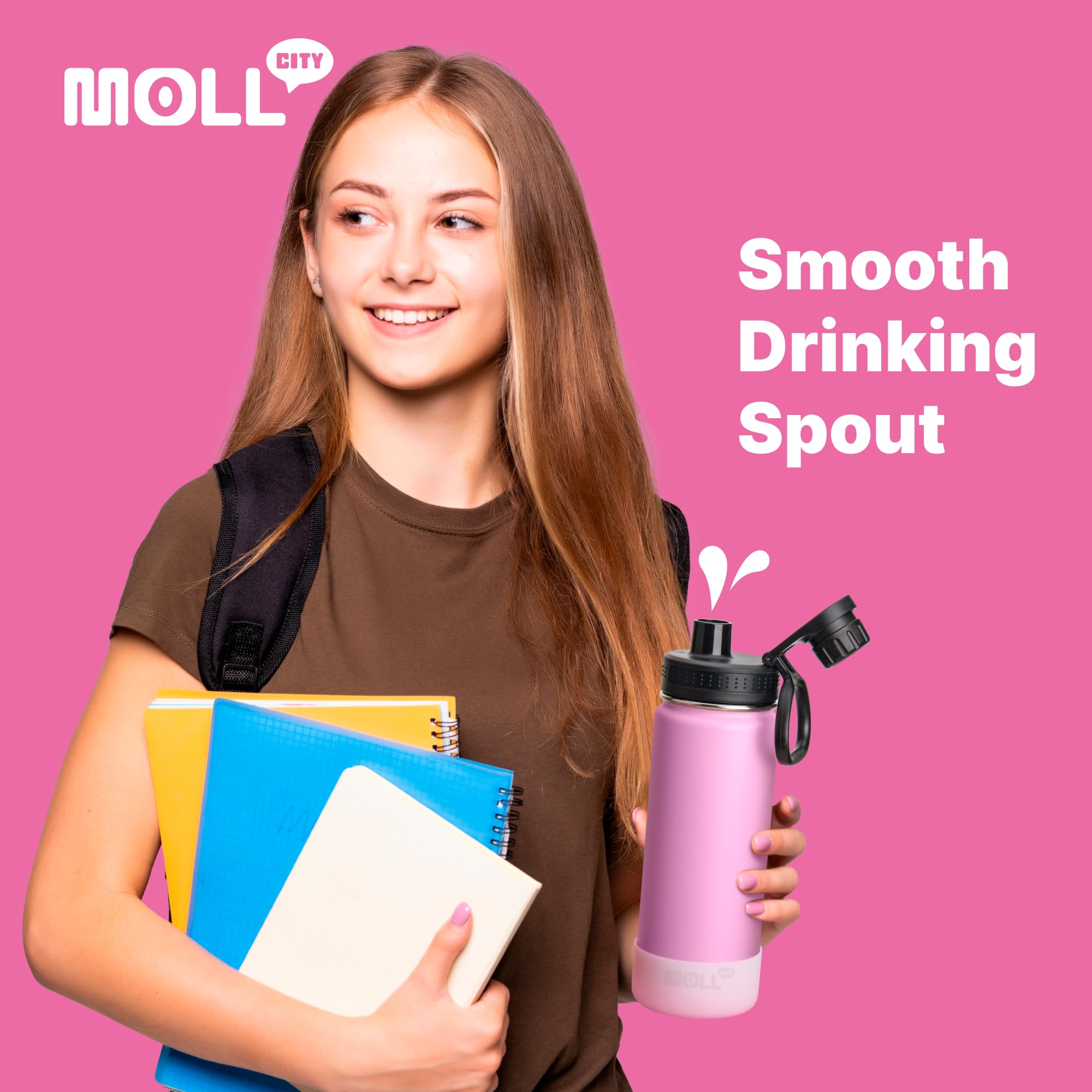 Mollcity Kids Insulated Water Bottle With Spout Lid-16 Oz Stainless Steel Vacuum Wide Mouth Sports Water Bottle For Back To Scho