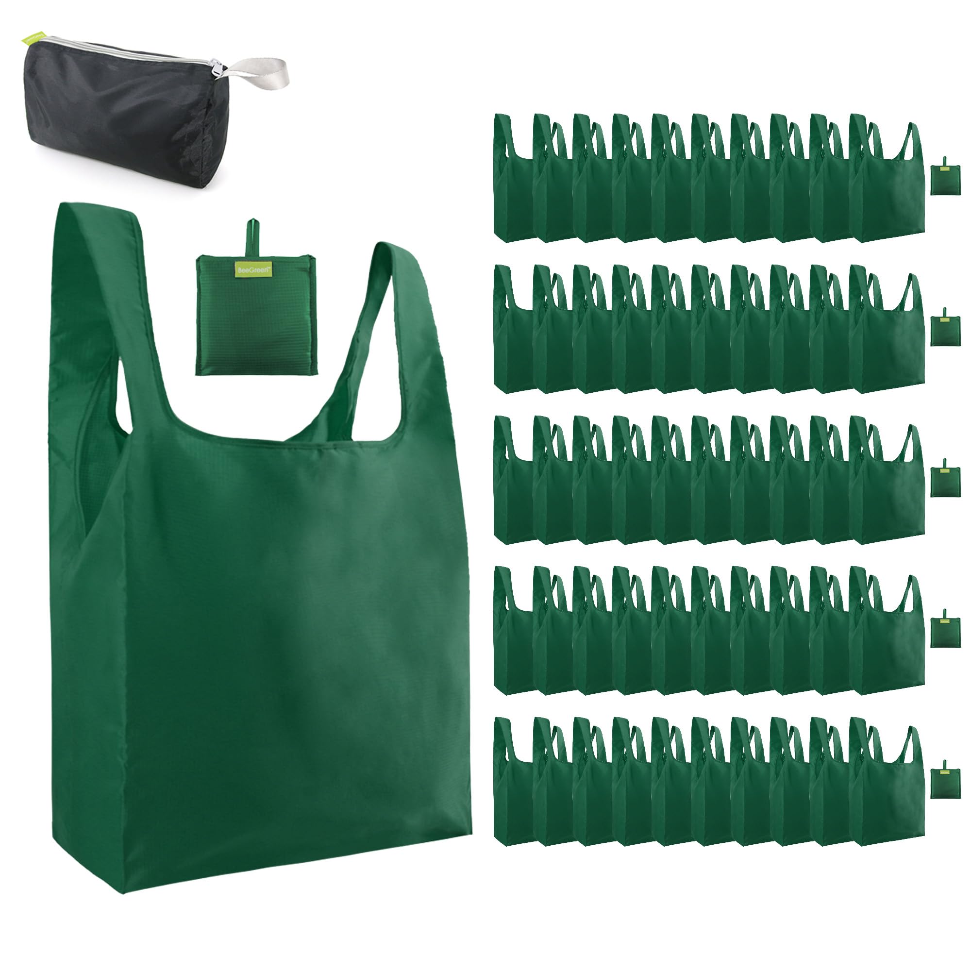 BeeGreen Christmas Green Reusable Grocery Bags Dark Green Reusable Kitchen Bags Bulk Foldable-Machine Washable with Zipper Stora