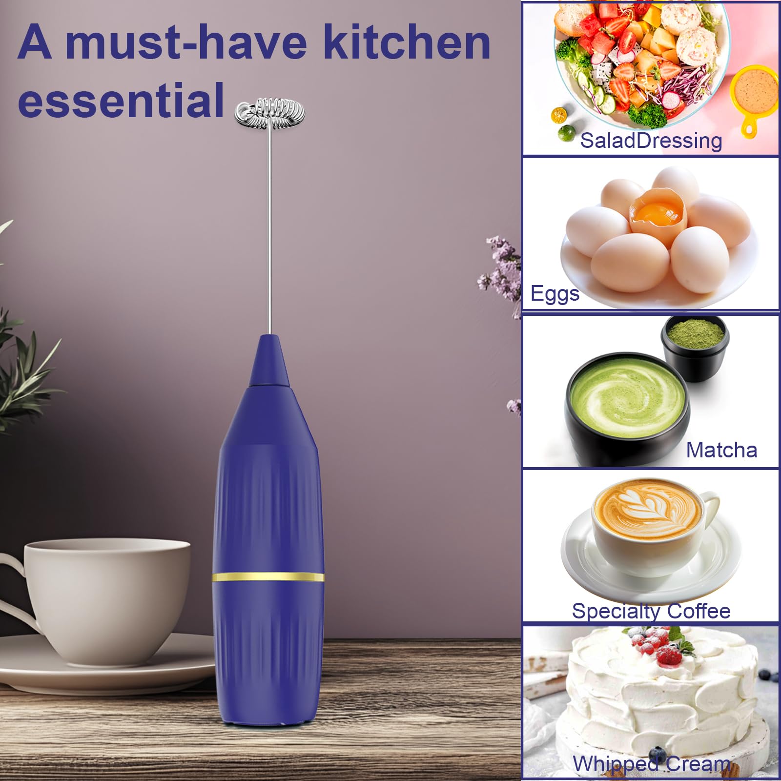 Milk Frother, Drink Frother Wand For Coffee Bar, Matcha, Latte, Cappuccino, Hot Chocolate, Egg, Kitchen Essentials Gift, Blue