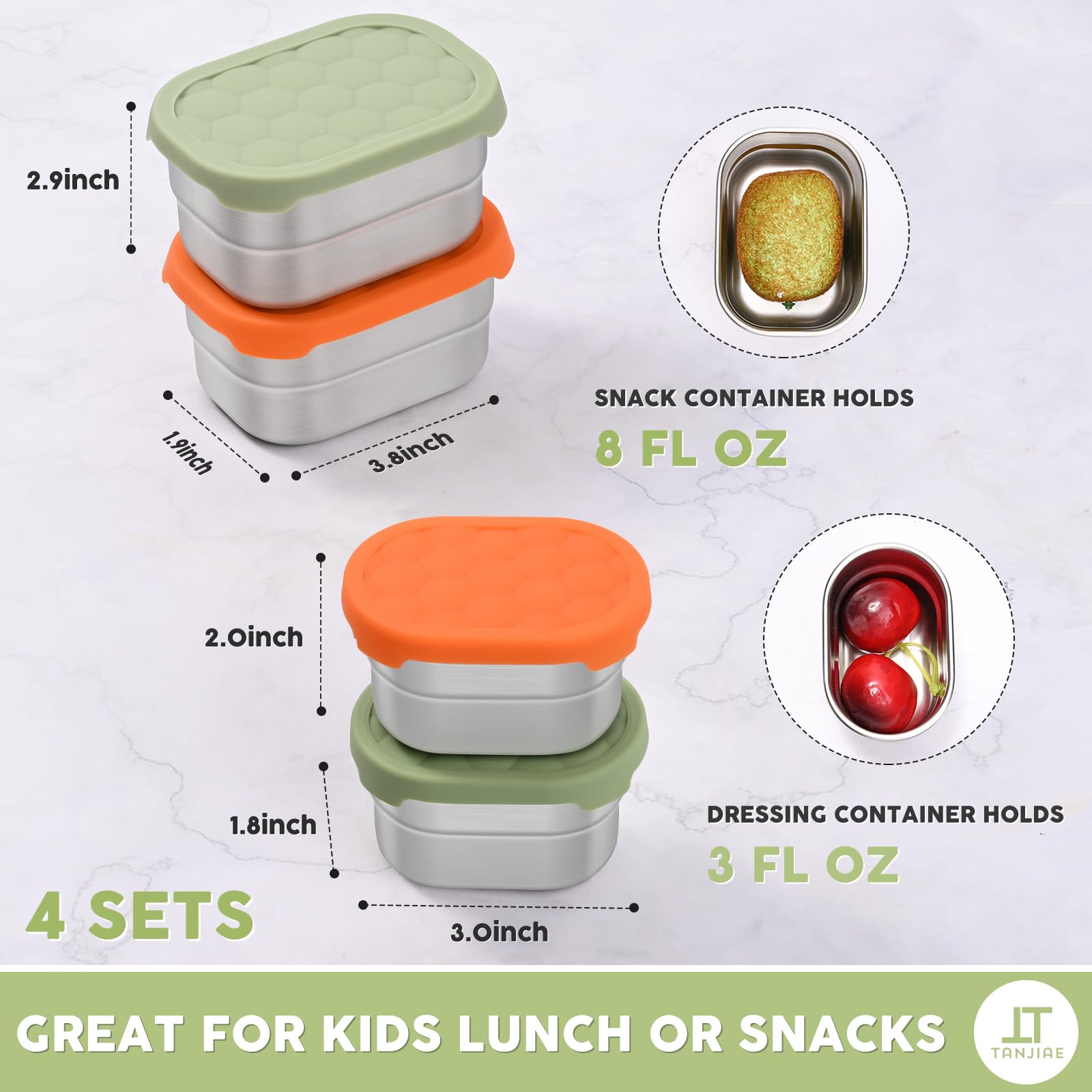 Tanjiae Stainless Steel Snack Containers For Kids & Salad Dressing Containers Sets | Easy Open Small Food Containers With Silico