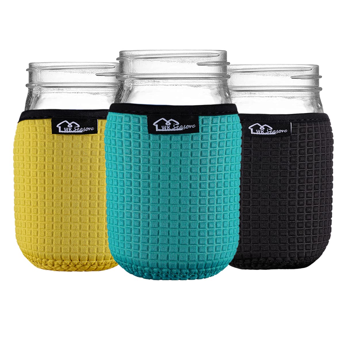 Wkieason Regular Mouth Mason Jar Neoprene Sleeve 16Oz Mason Jar Sleeves 16Oz Regular Mouth Sleeve Cover (Black/Blue/Yellow)
