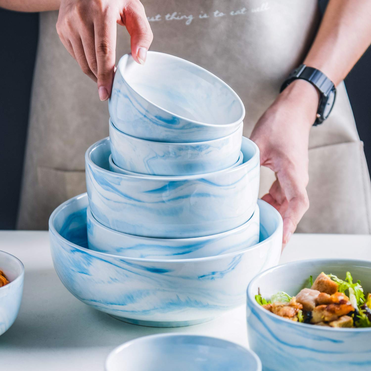 Yundu 28 Ounce Blue Marble Porcelain Bowls Ice Cream, Dessert, Cereal, Pasta Bowls, Microwave And Dishwasher Safe Bowls For Kitc