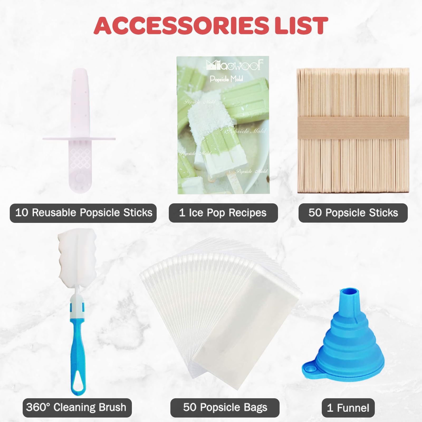 Miaowoof Homemade Popsicle Molds, 10-Cav Non-Bpa Silicone Ice Pop Maker, With 50 Sticks, 50 Bags, 10 Reusable Sticks, Funnel, Br