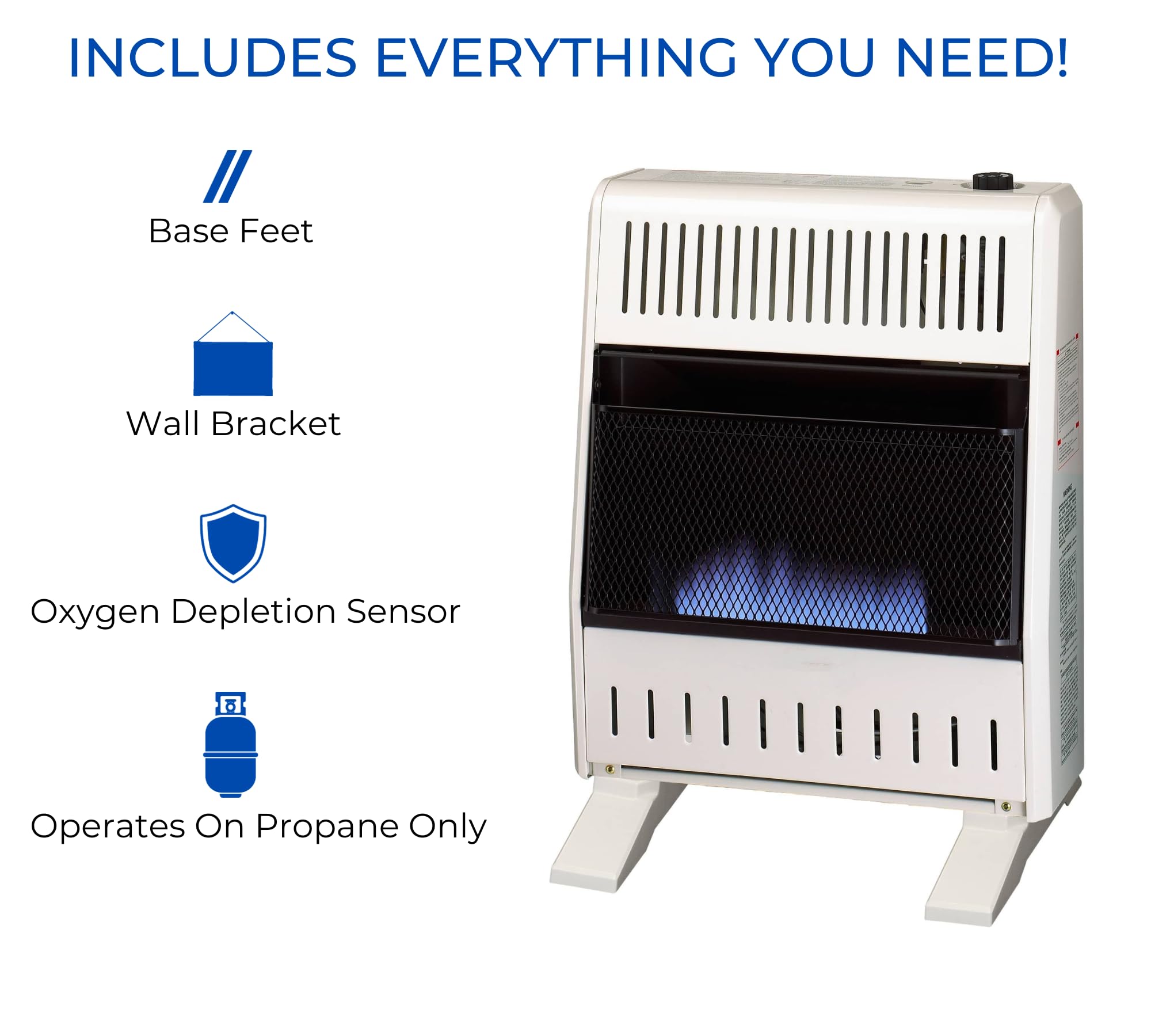 ProCom ML200TBA-B Ventless Propane Blue Flame Space Heater, 20000 BTU, Heats 950 Sq. Ft., White, Includes Wall Mount and Base Feet