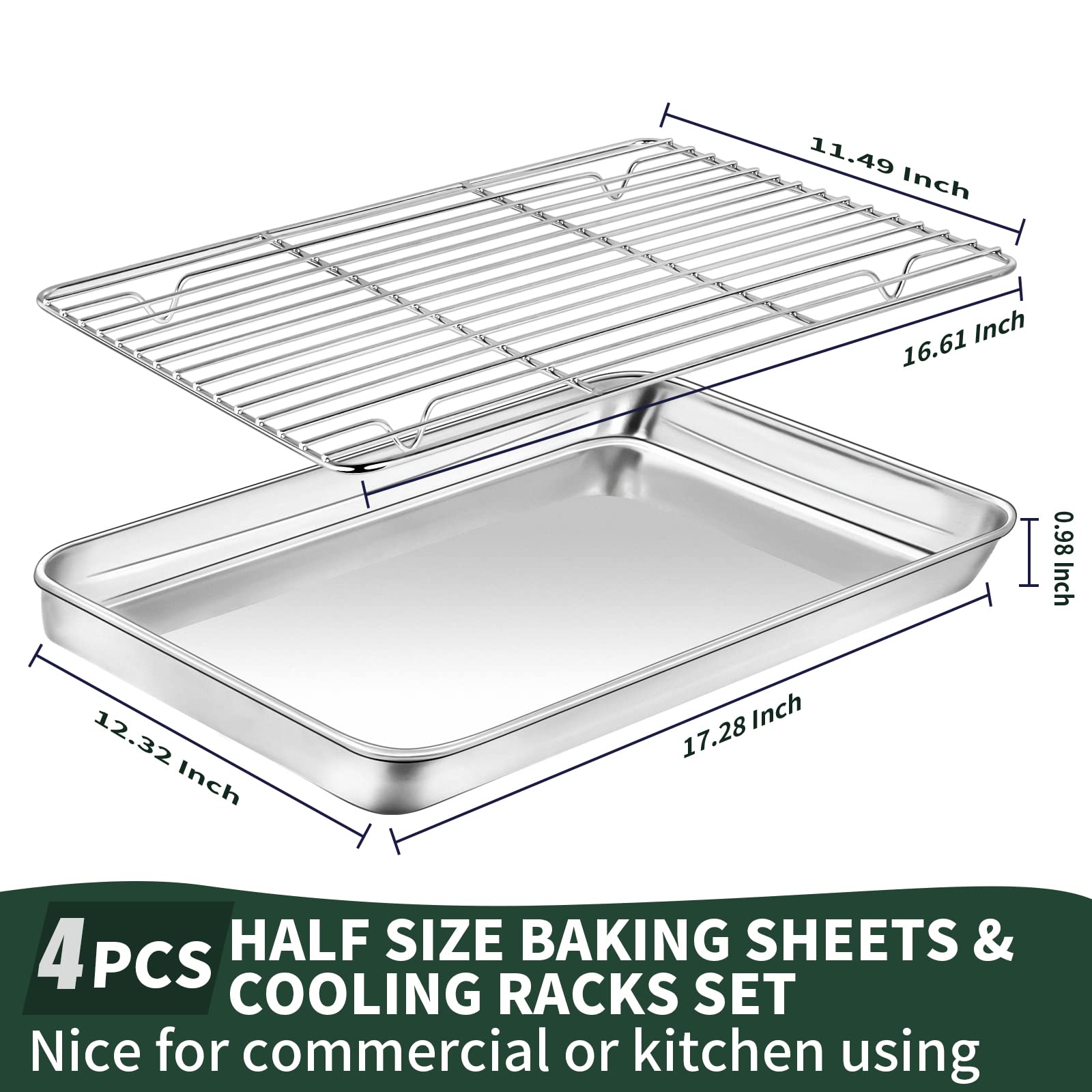 Cekee Baking Sheets, Half Sheet Pan With Cooling Rack Set [2 Baking Pans + 2 Wire Racks], Stainless Steel Cookie Sheets For Baki