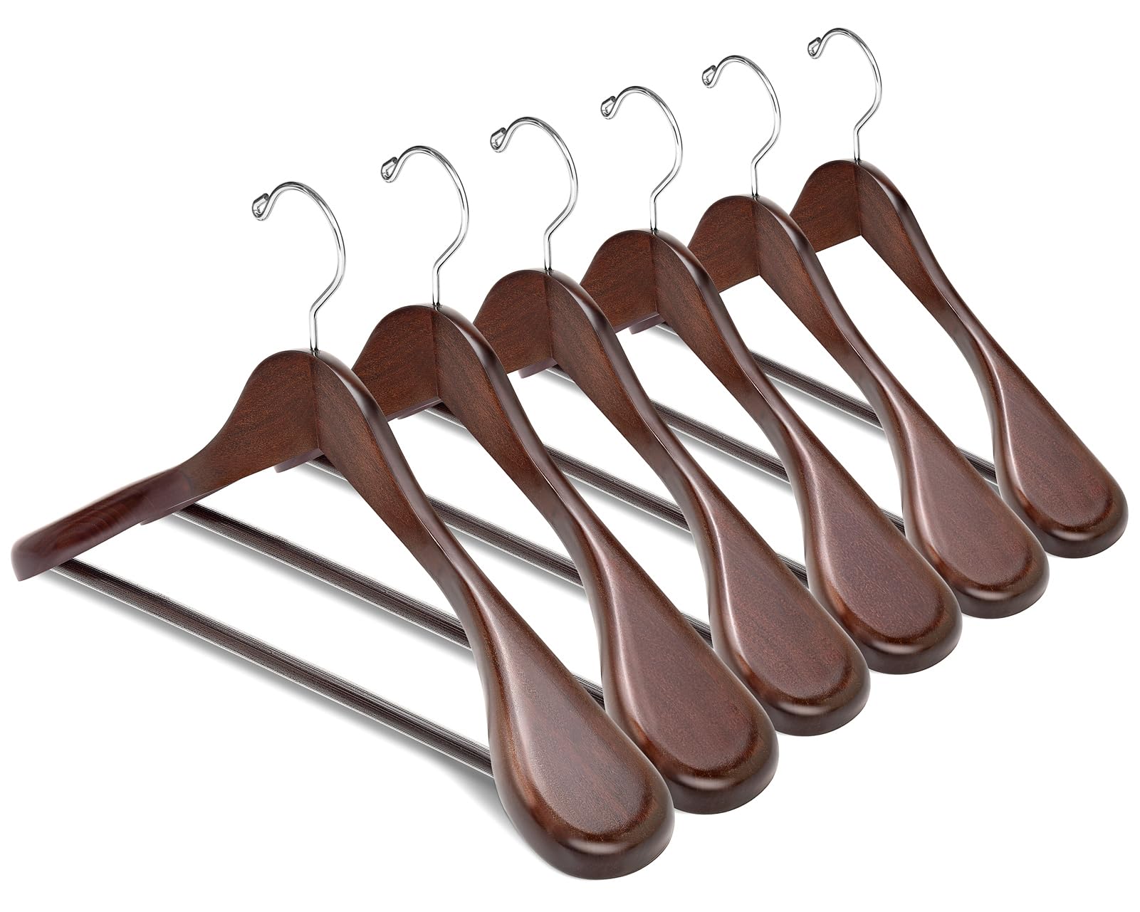 Amber Home 6 Pack Walnut Wide Shoulder Wooden Suit Coat Hangers With Non Slip Pants Bar, Solid Wood Jacket Clothes Hangers Smoot