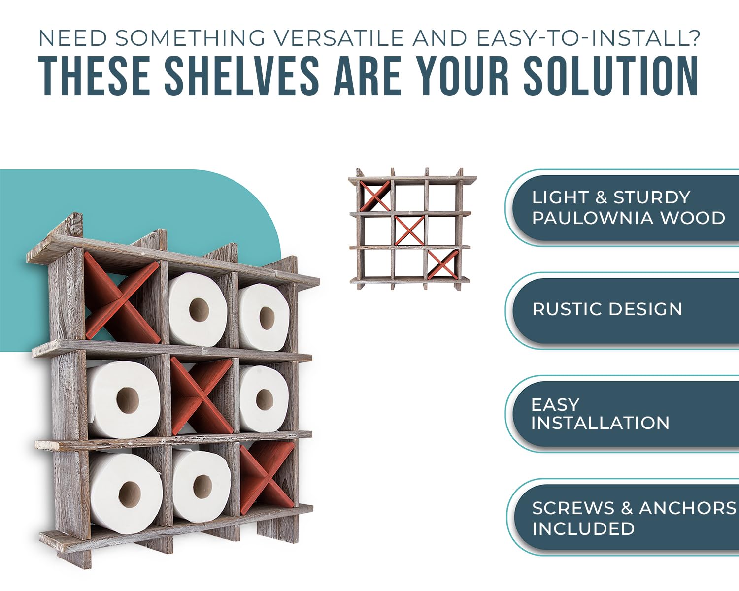 Rustic Tic-Tac-Toe Toilet Paper Holder For Bathroom - Rustic Storage Shelves For Toilet Tissue In Distressed White Color - Frees