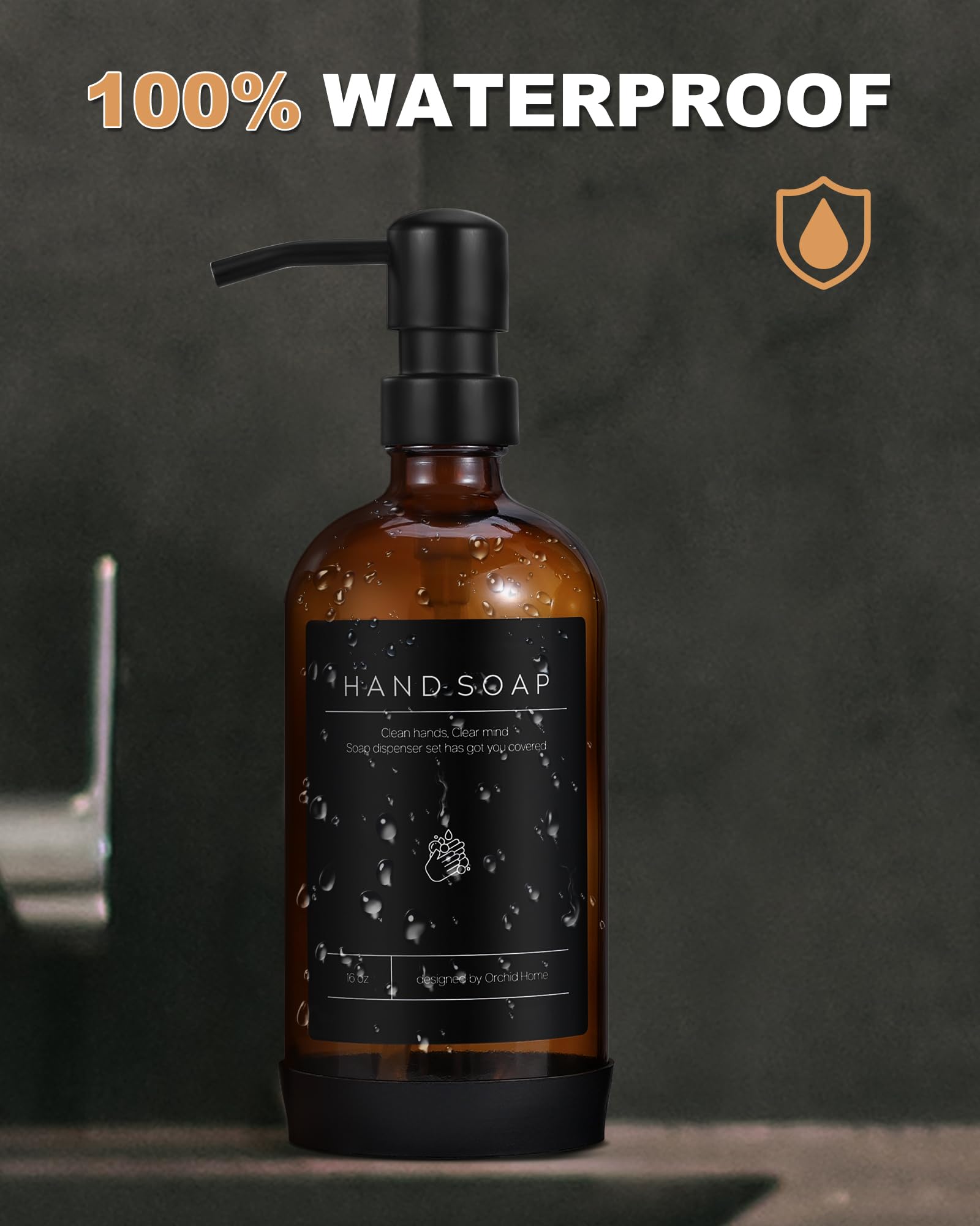 [Luxury] Kitchen Soap Dispenser Set - 16Oz Amber Glass Bottle, Stainless Steel Pump, Instant Dry Tray, Waterproof Labels, Non-Sl