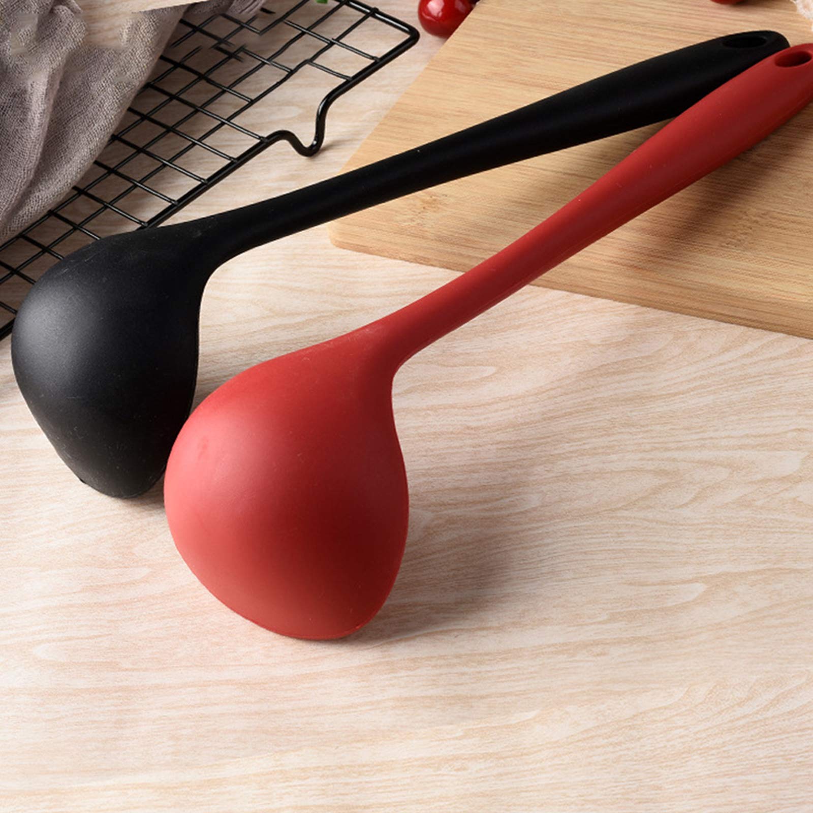 Silicone Ladle Soup Spoon Set Of 2, Nonstick Heat Resistant Long Handle Unbreakable Big Round Scoop For Home Kitchen Cooking,Red