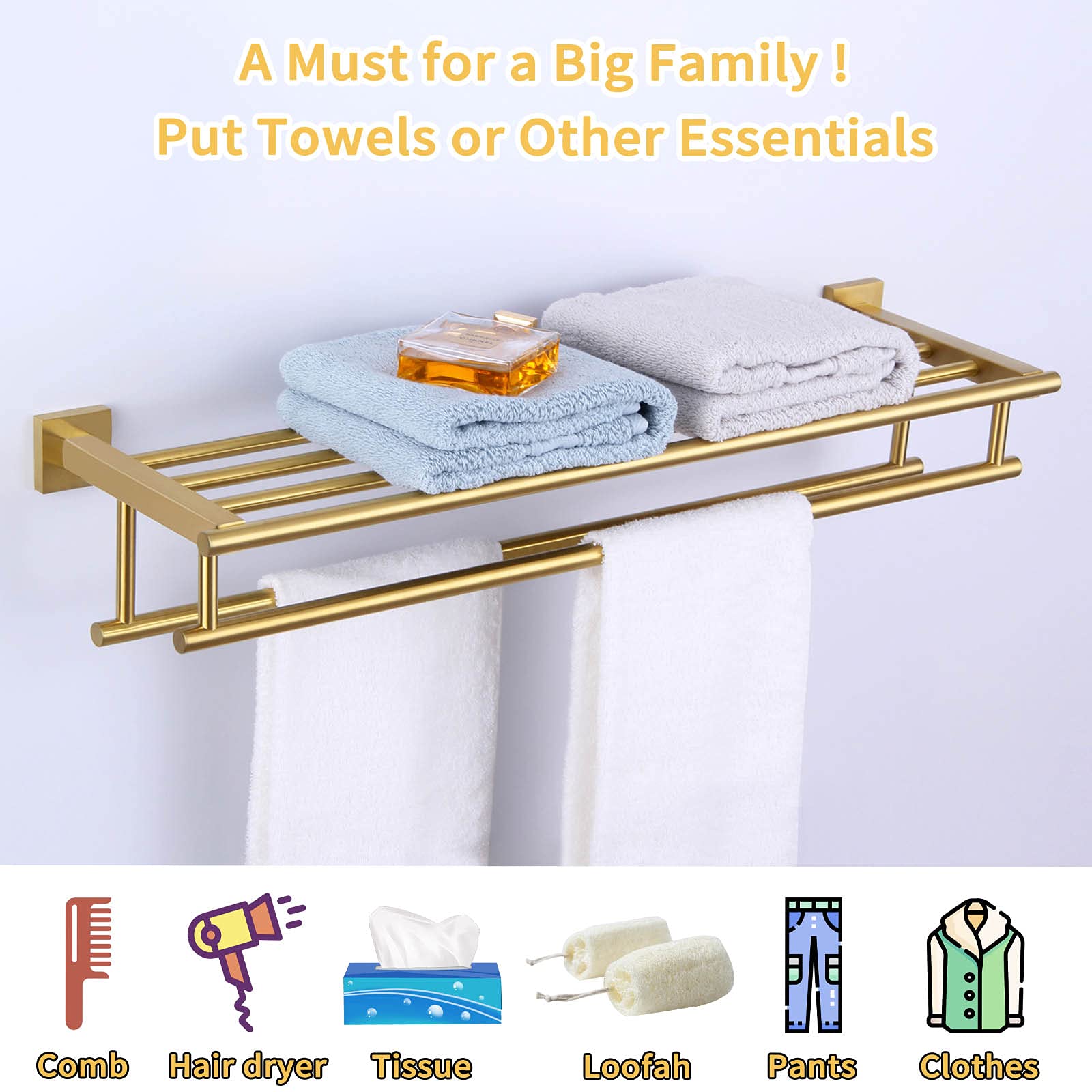 Angle Simple Towel Rack For Bathroom, Sus 304 Stainless Steel Hand Towel Holder With Shelf, Brushed Gold, 23.62 Inches