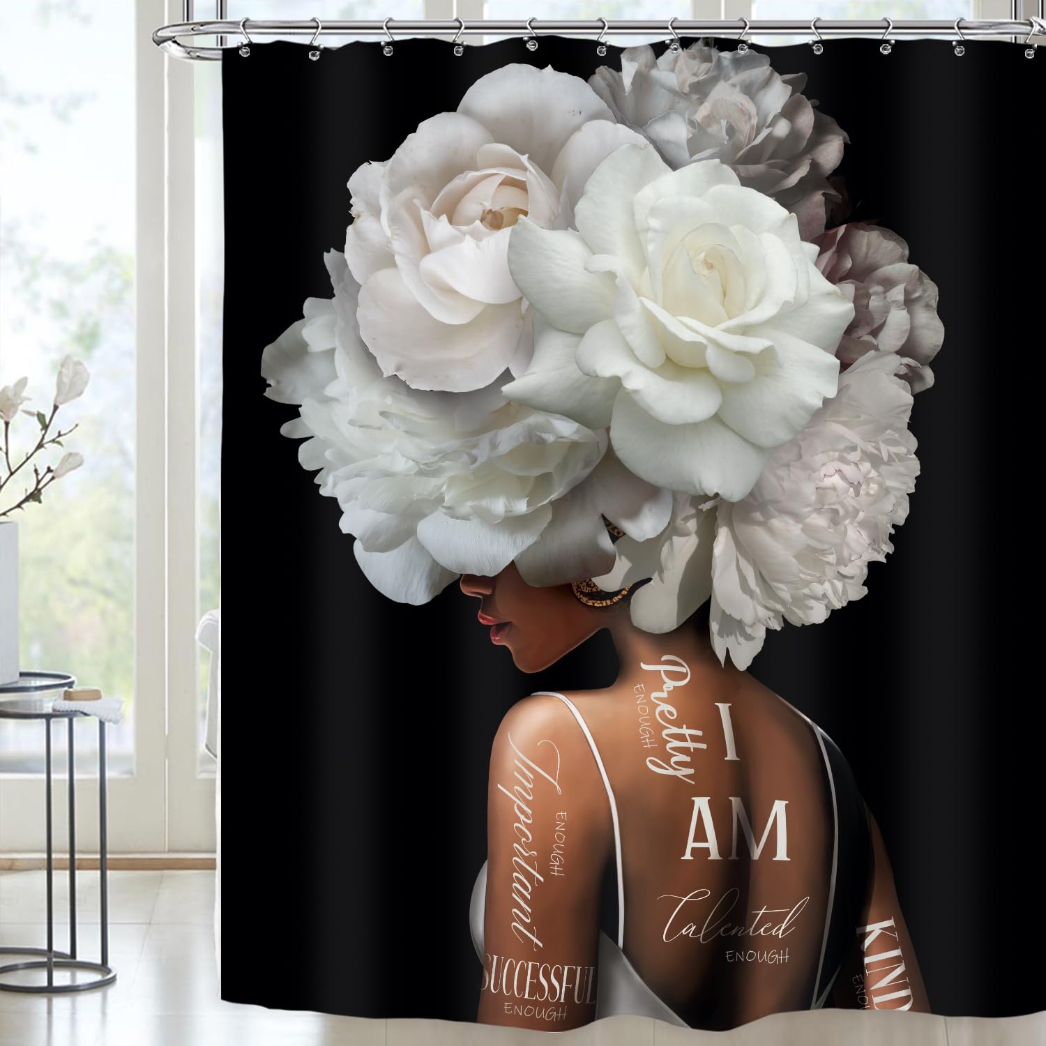 Riyidecor African American Shower Curtain 60Wx72H Inch Black And White Shower Curtains Floral Queen Peony Flower Rose Quotes Mod