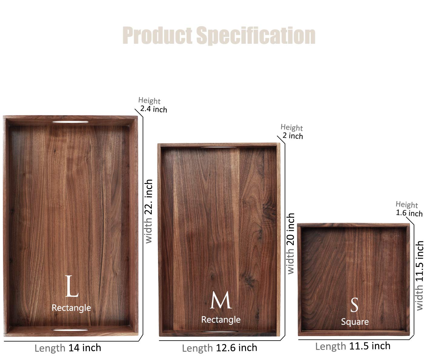 Magigo Set Of 3 Large Solid Black Walnut Wood Ottoman Tray With Handles, Serve Tea, Coffee Or Breakfast In Bed, Classic Wooden D