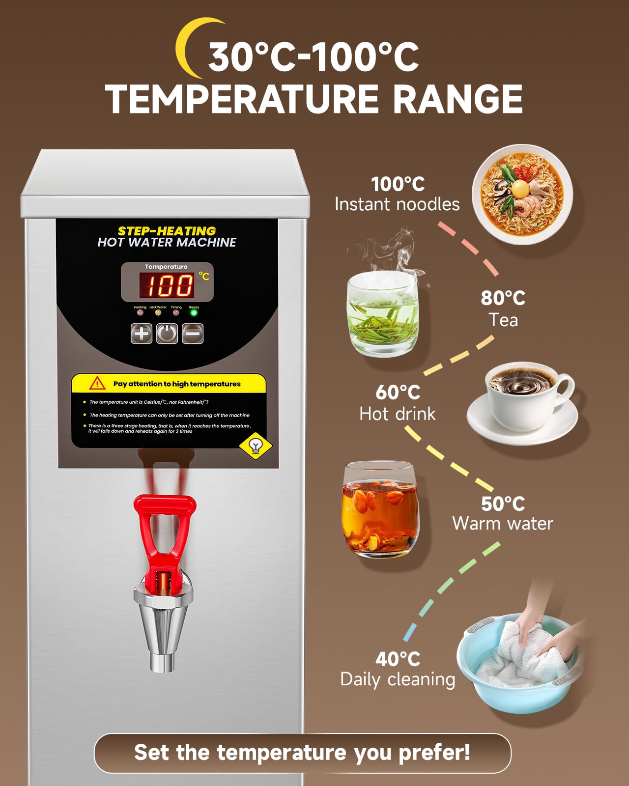Moonshan 17-Min Step-Heating Hot Water Dispenser, 8.5 Quart, Silver, Model TT-63-8L for Boba Tea, Milk Tea, Restaurant, Hotel, Office