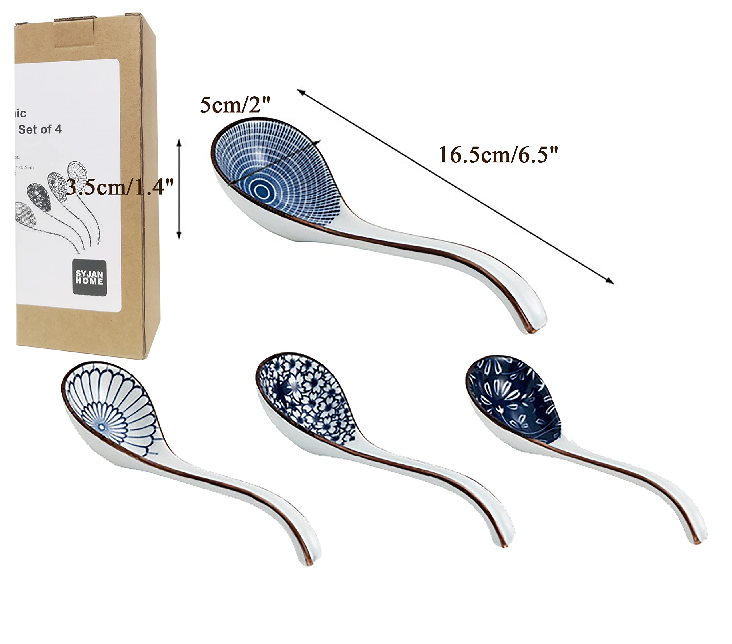 Ceramic Asian Soup Spoons Set Of 4, Long Ramen Spoons For Pho, Wonton, Noodles, 4 Pcs