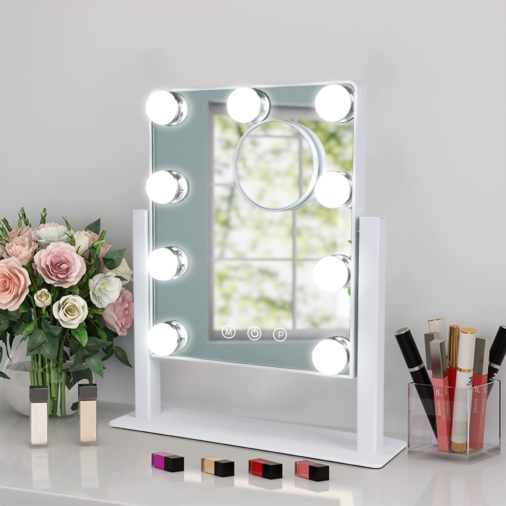 Depuley Makeup Vanity Mirror With Lights, 10X Magnification Hollywood Lighted Mirror With 9 Dimmer Led Bulbs, Plug In Light-Up B