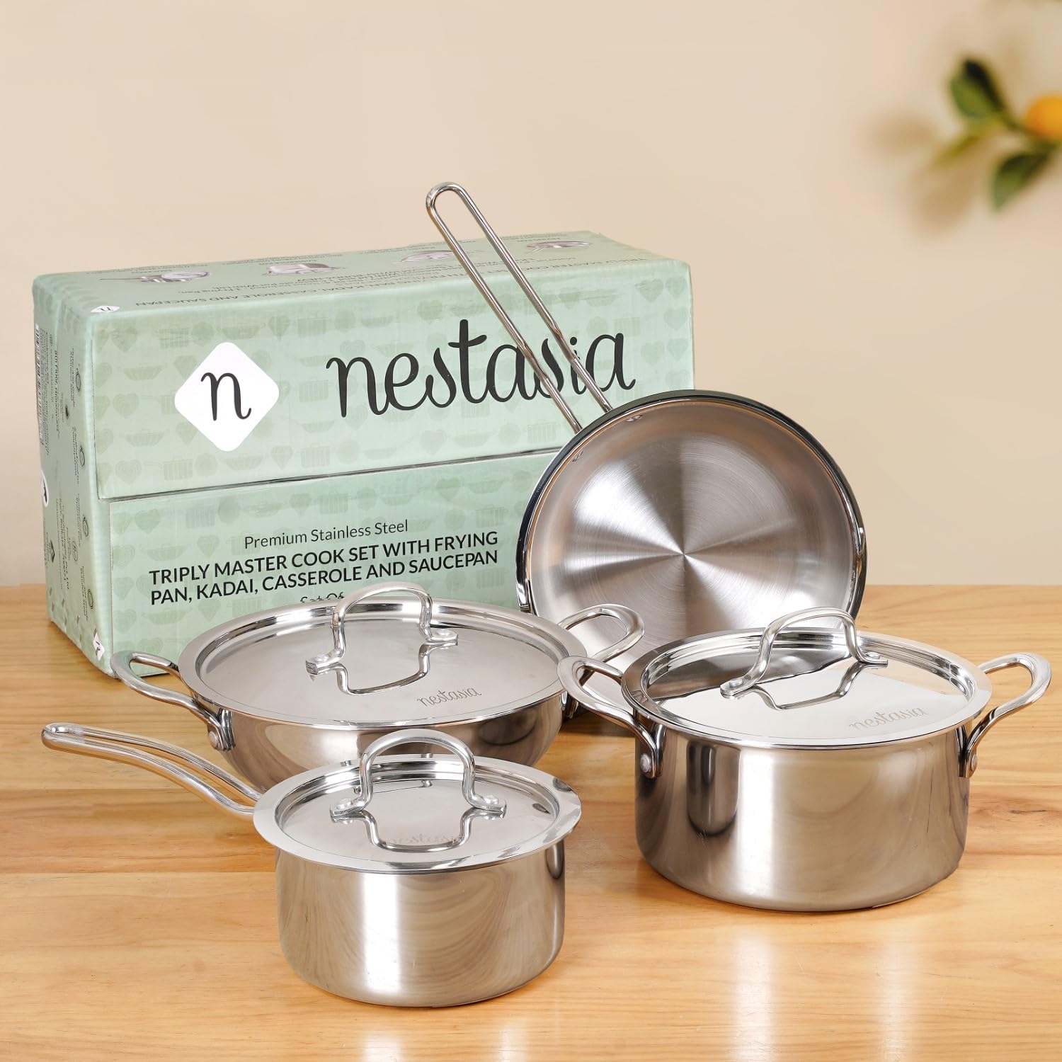 Nestasia Triply Stainless Steel 7 Pc Cookware Set - Fry Pan (20Cm/1L), Kadai (22Cm/2.25L), Casserole (20Cm/3L) & Saucepan (16Cm/