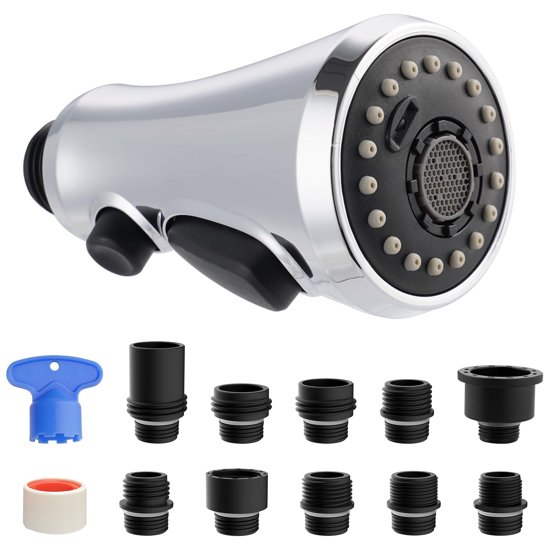 Hibbent Pull Down Kitchen Faucet Head Replacement, 3-Function Kitchen Faucet Head Sink Spray Nozzle With 10 Adapters Compatible