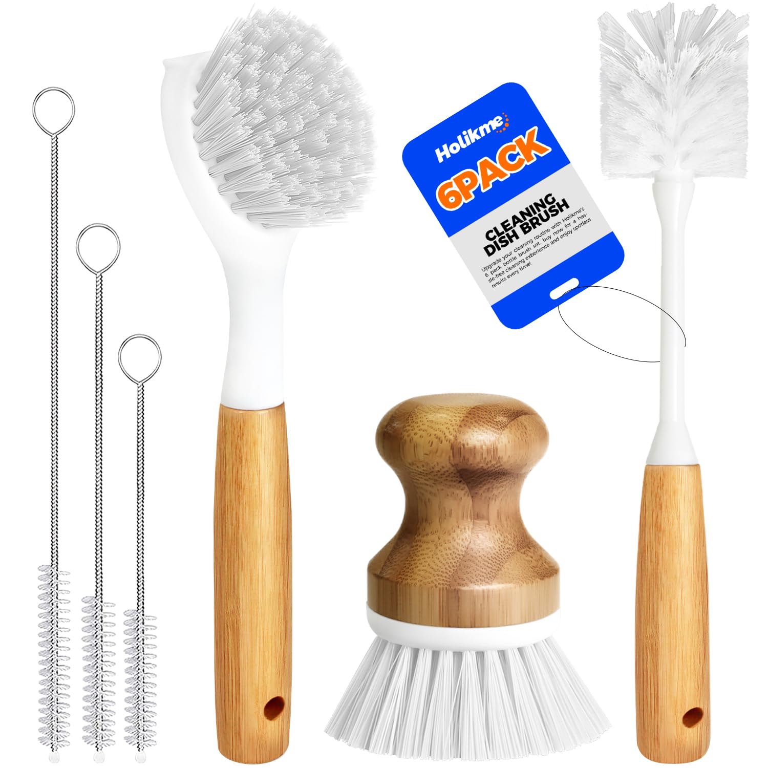 Holikme 6 Pack Dish Brush Kitchen Brushes Set with Bottle Brush, Dish Brush, Palm Scrub Brush and Straw Brush, Fruit Vegetable C