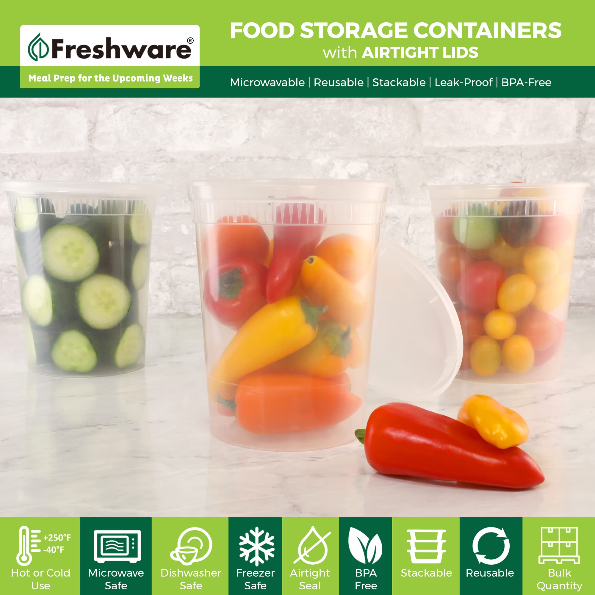 Freshware Food Storage Containers [24 Set] 32 Oz Plastic Deli Containers With Lids, Slime, Soup, Meal Prep Containers | Bpa Free