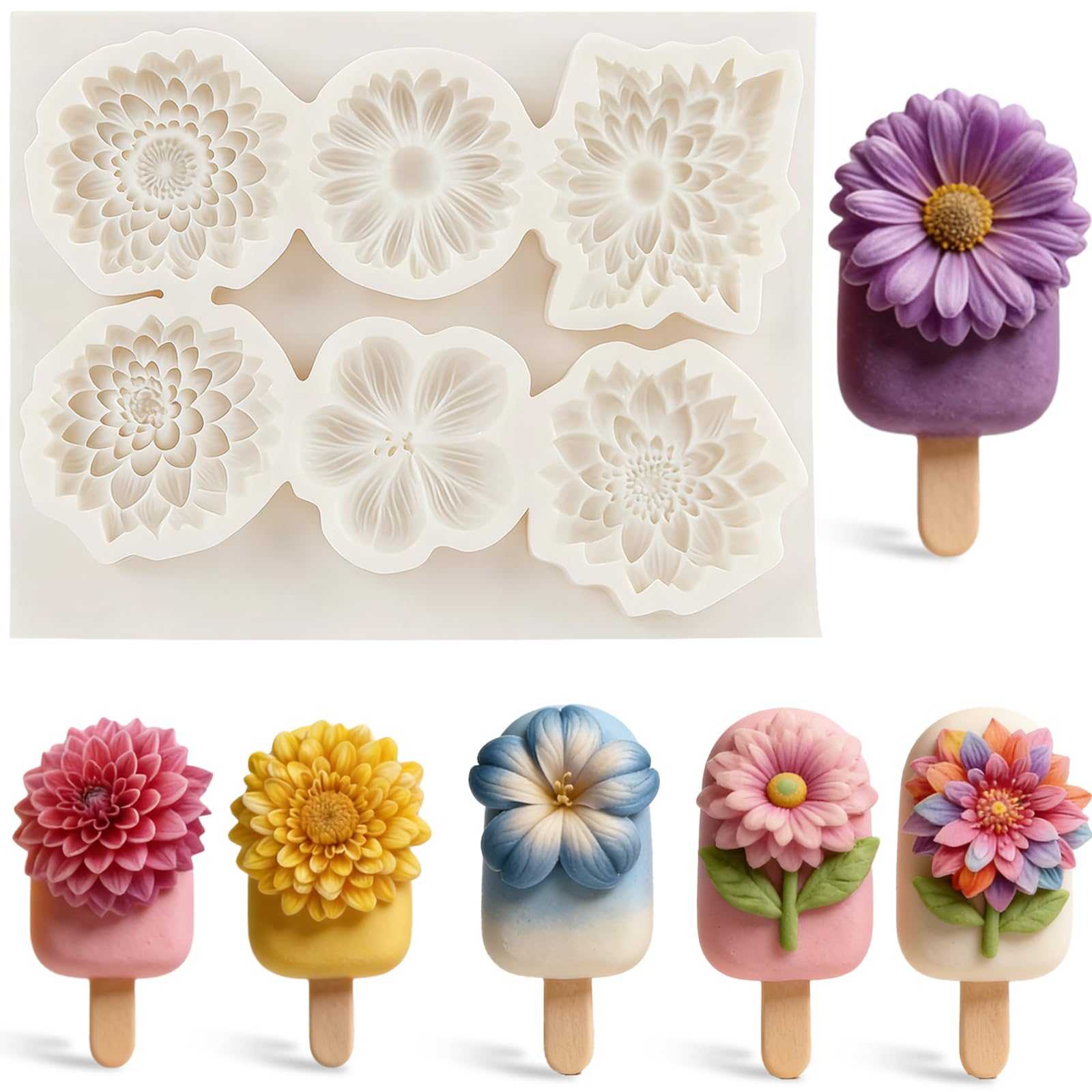 IKOJING Colorful Flower Silicone Fondant Mold for Candy Cupcake Toppers