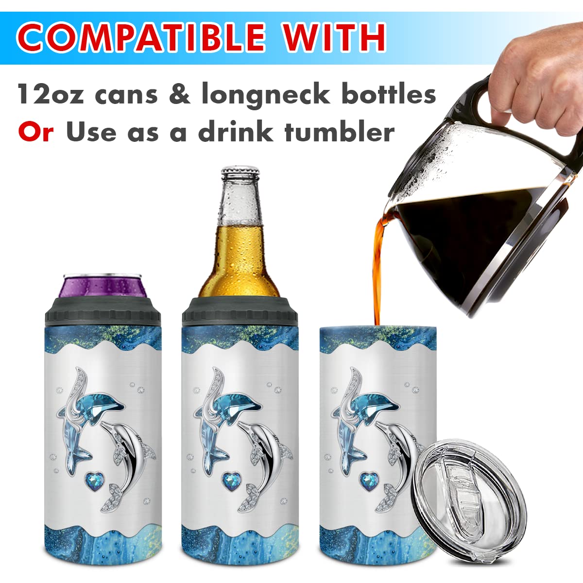 Wassmin Dolphin Tumbler Can Cooler 4-In-1 Dolphin Gift For Women Girls Teen Dolphins Jewelry Drawings Stainless Steel Insulated