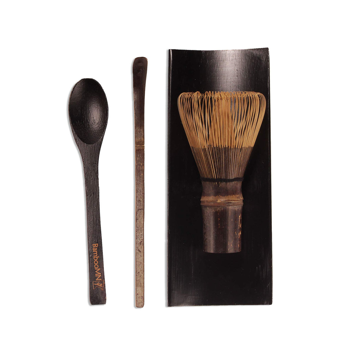 Bamboomn Matcha Whisk Set - Black Chasen (Tea Whisk), Black Tray, Black Chashaku (Hooked Bamboo Scoop), Black Tea Spoon - 2 Sets