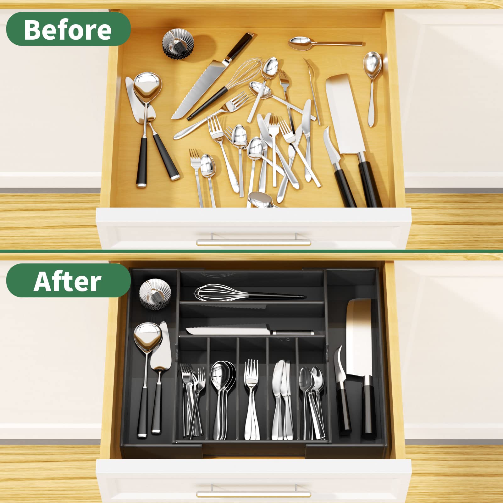 NIUBEE Expandable Kitchen Drawer Organizer for Flatware and Utensils Black Acrylic Adjustable Silverware Tray for Drawer Office Bathroom Supplies-9 Compartments