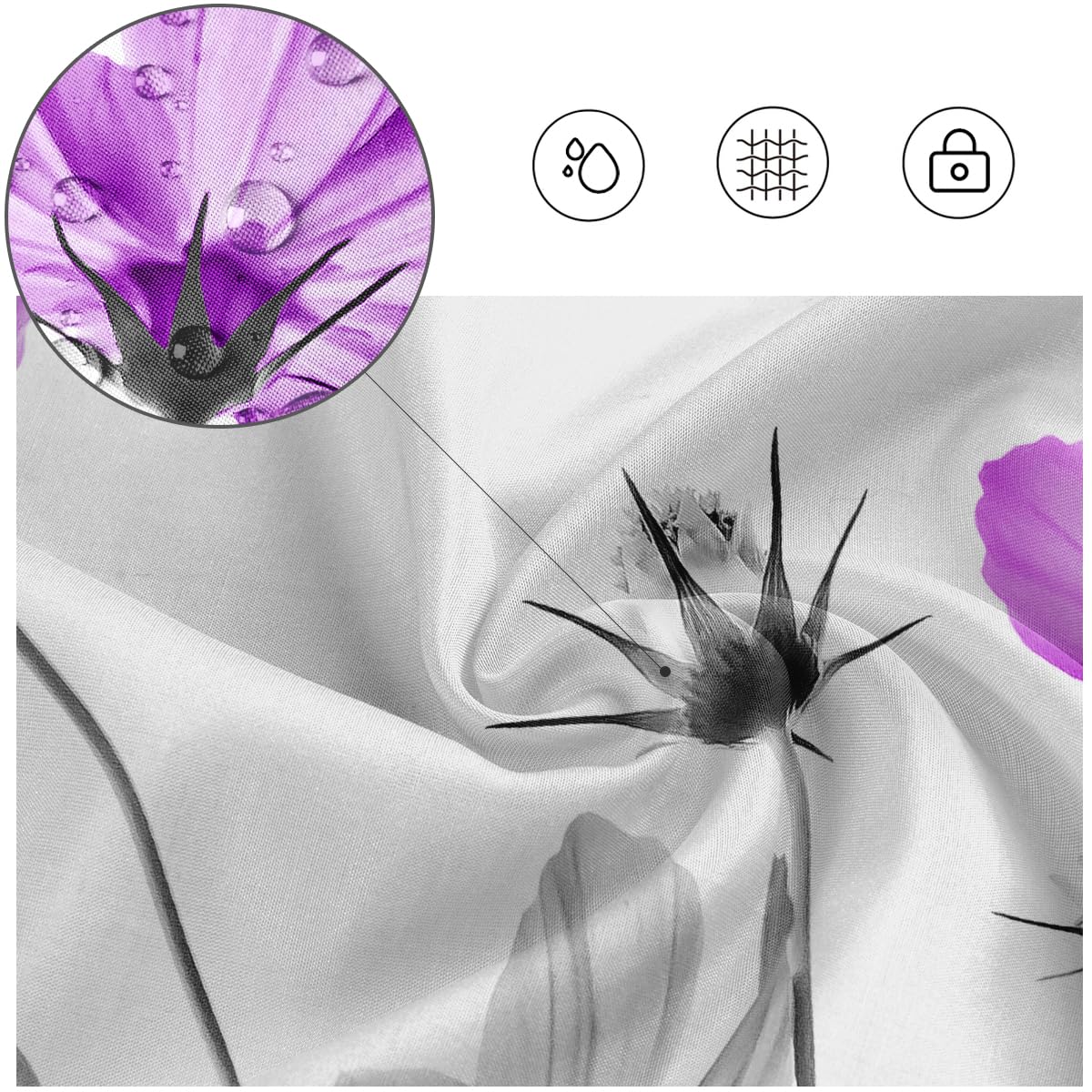 Kikiry Purple Flower Shower Curtain 60''W X 72''L Gray White Daisy Floral Ink Painting Grey Botanical Simple Elegance Bathroom C