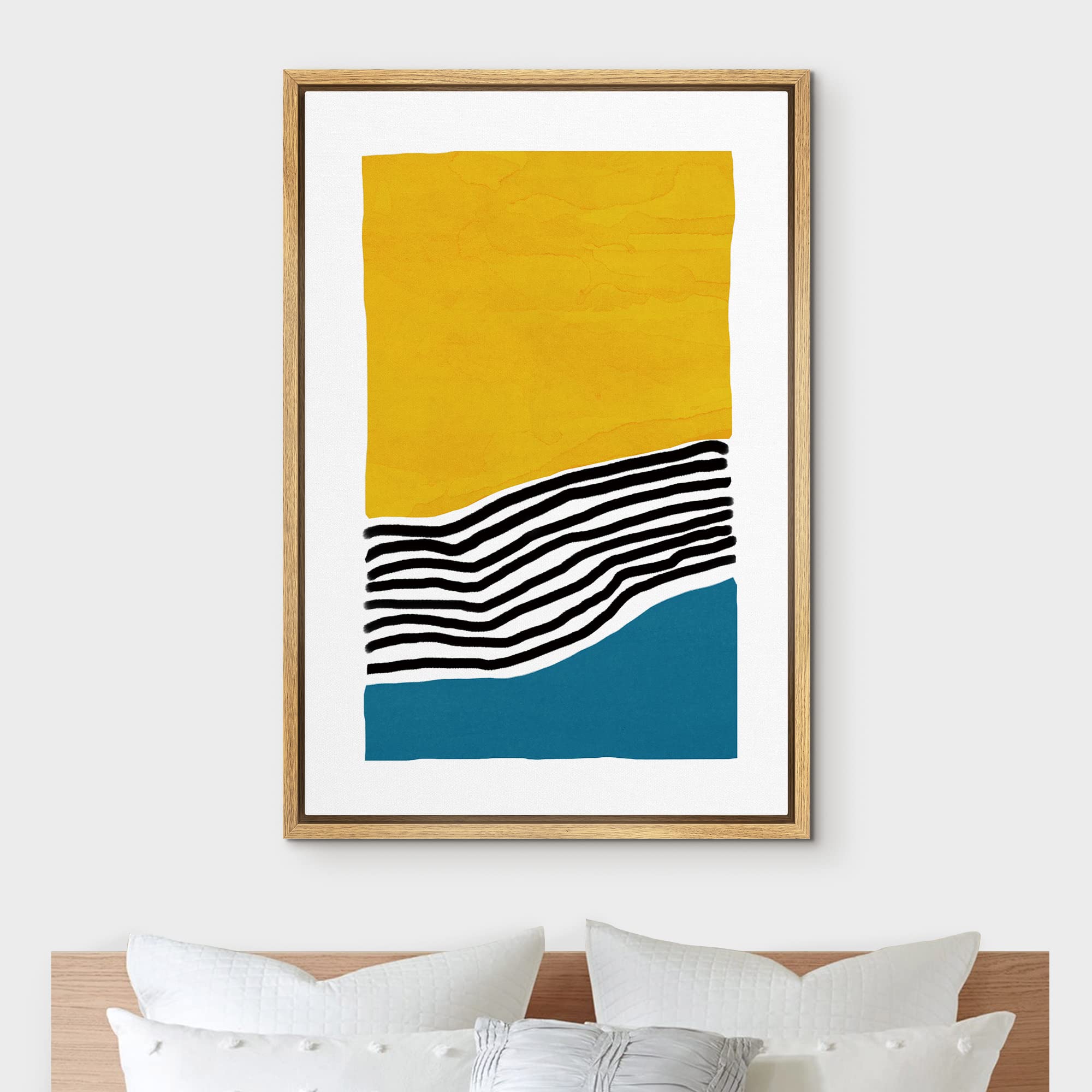 Idea4Wall Framed Canvas Print Wall Art Bisected Yellow & Blue Watercolor Block Shapes Patterns Illustrations Modern Art Mid-Cent