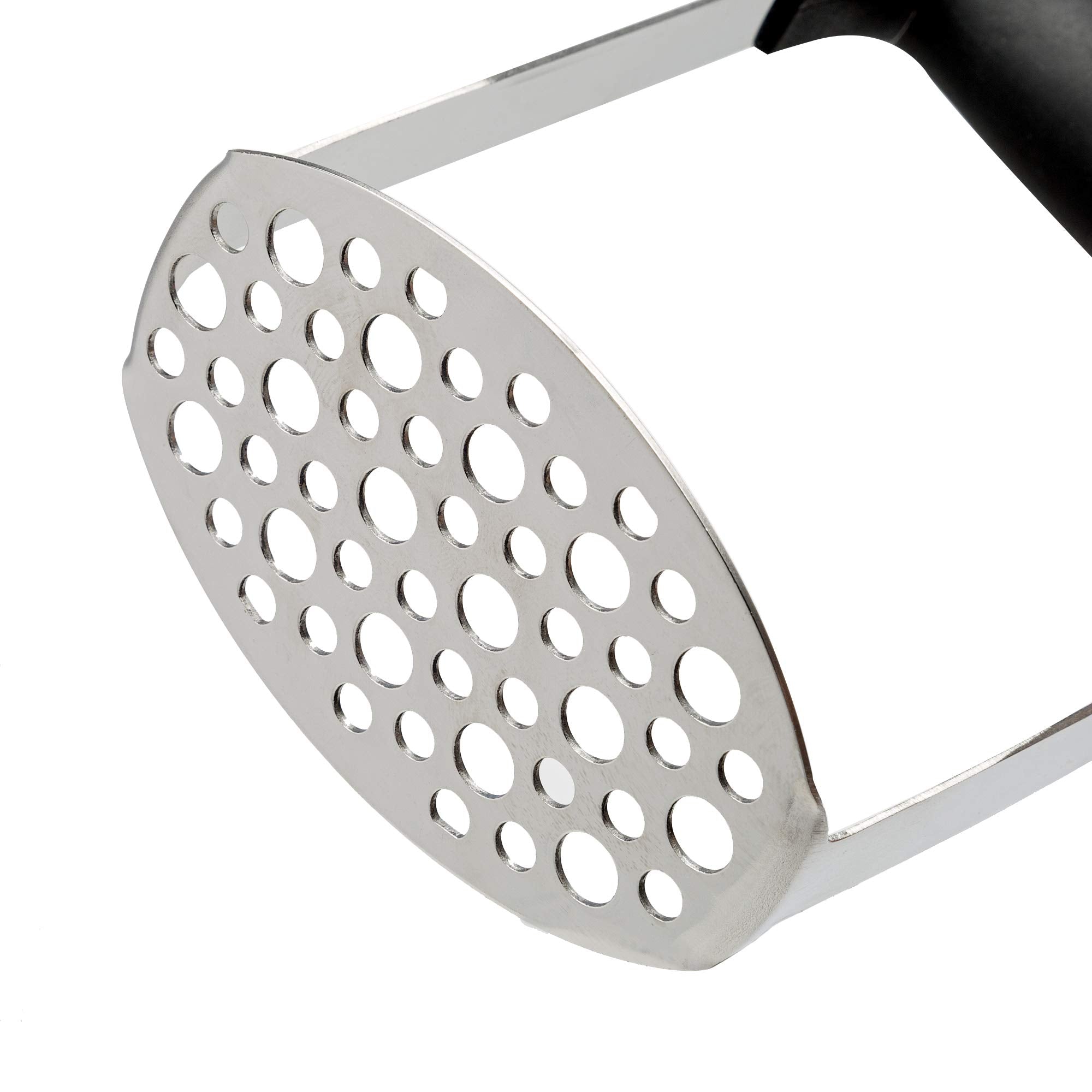 Cooking Light Heavy Duty Stainless Steel Masher, Broad And Ergonomic Horizontal, Fine Plate For Smooth Mashed Potatoes, Soft Gri