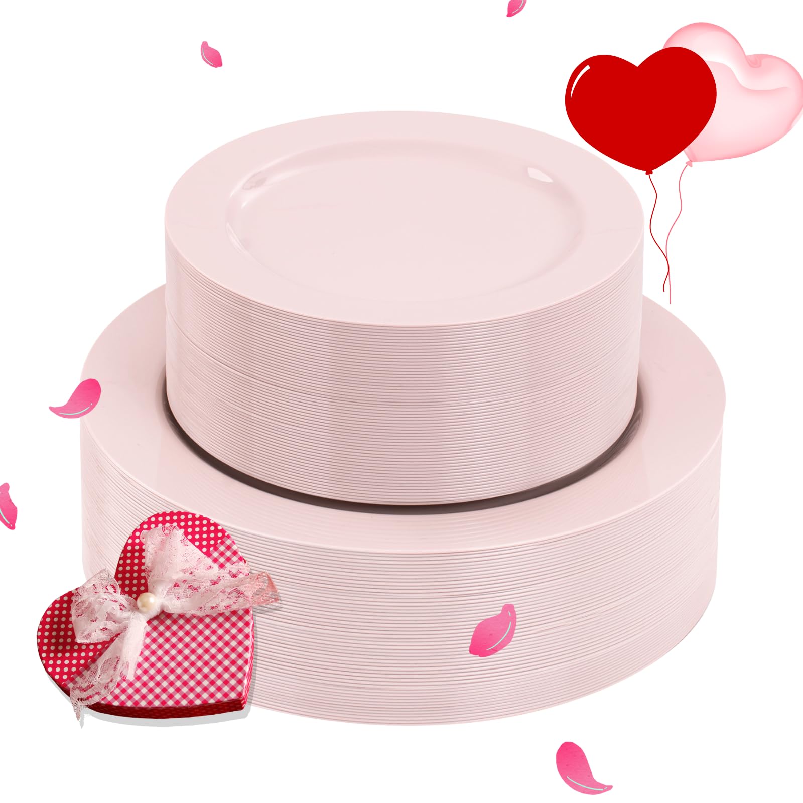 Flowercat 100Pcs Pink Plastic Plates - Heavy Duty Pink Plates Disposable For Partyeaster/Wedding/Valentine'S Day - Include 50Pcs