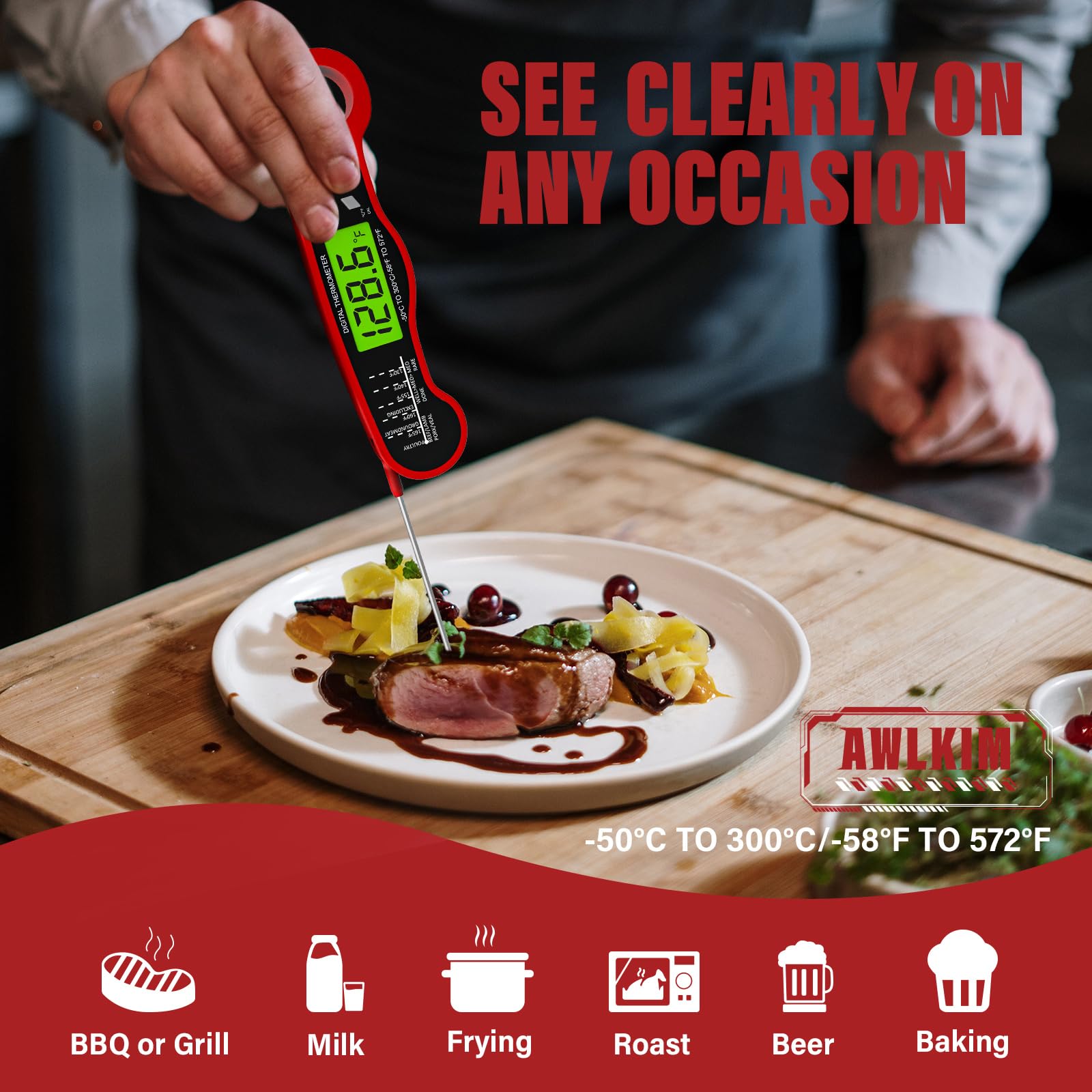 AWLKIM Digital Meat Thermometer - IP67 Waterproof, Fast Instant Read, 2-Pack, Red