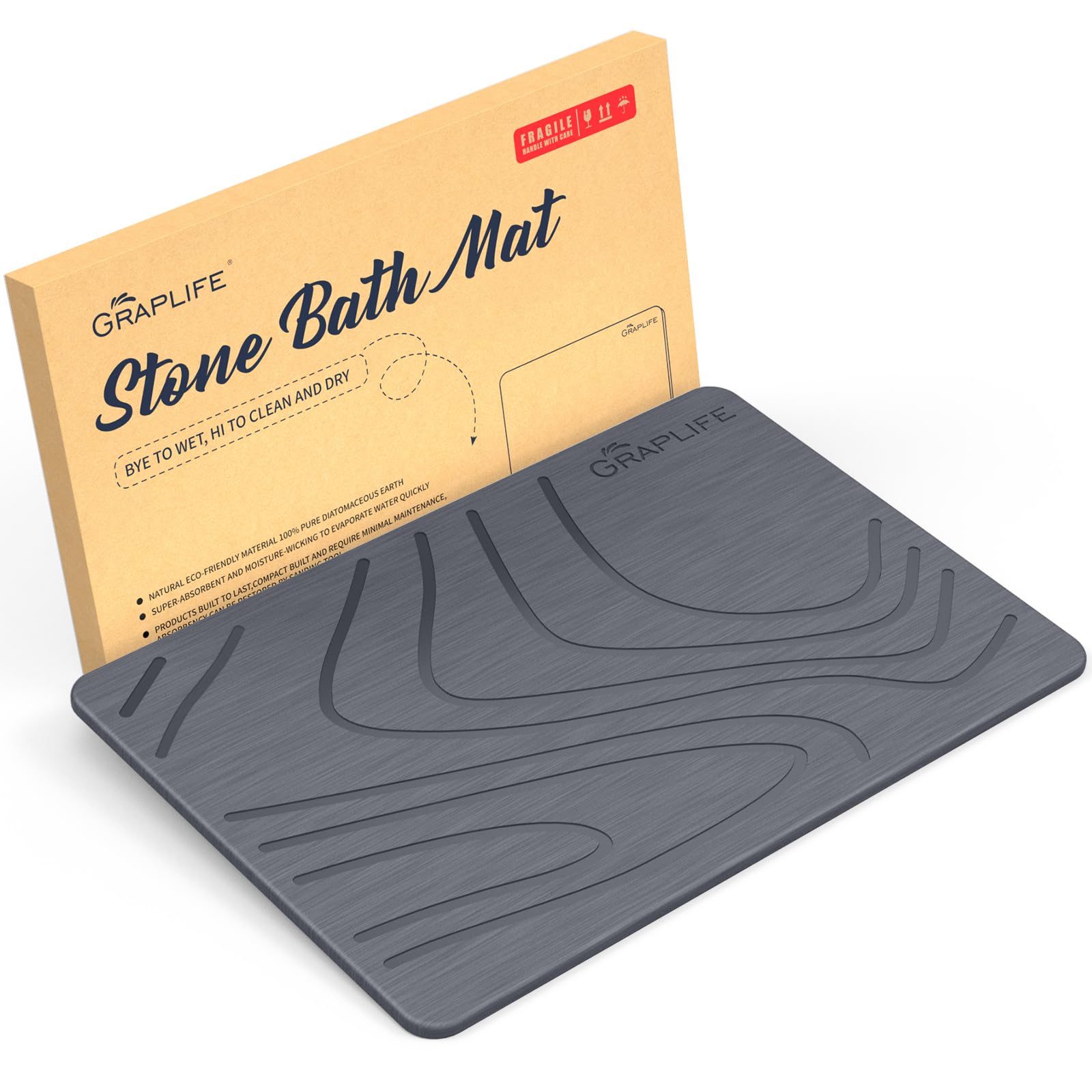 Graplife - Stone Bath Mat  Diatomaceous Earth Shower Mat  Non-Slip Super Absorbent Quick Drying Bathroom Floor Mat  Natural  Easy to Clean (23.5 x 15 Darkgrey)